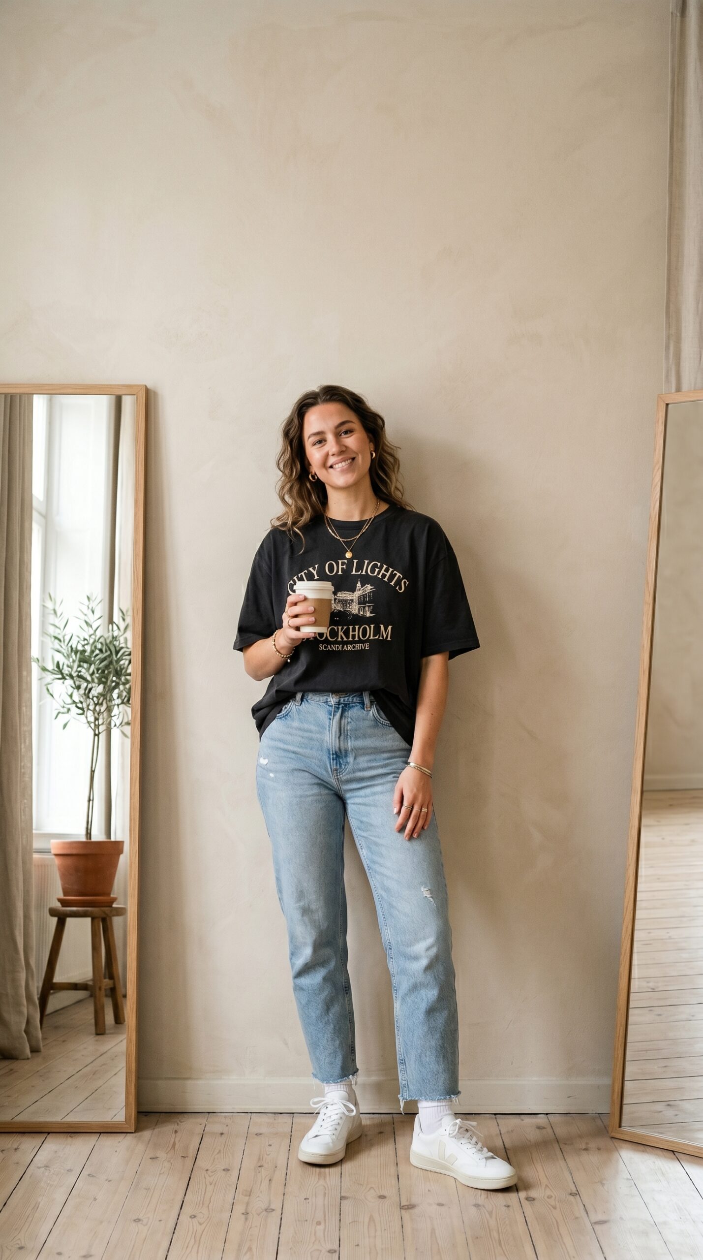 Baggy jeans with oversized graphic tee and sneakers — 90s inspired casual outfit