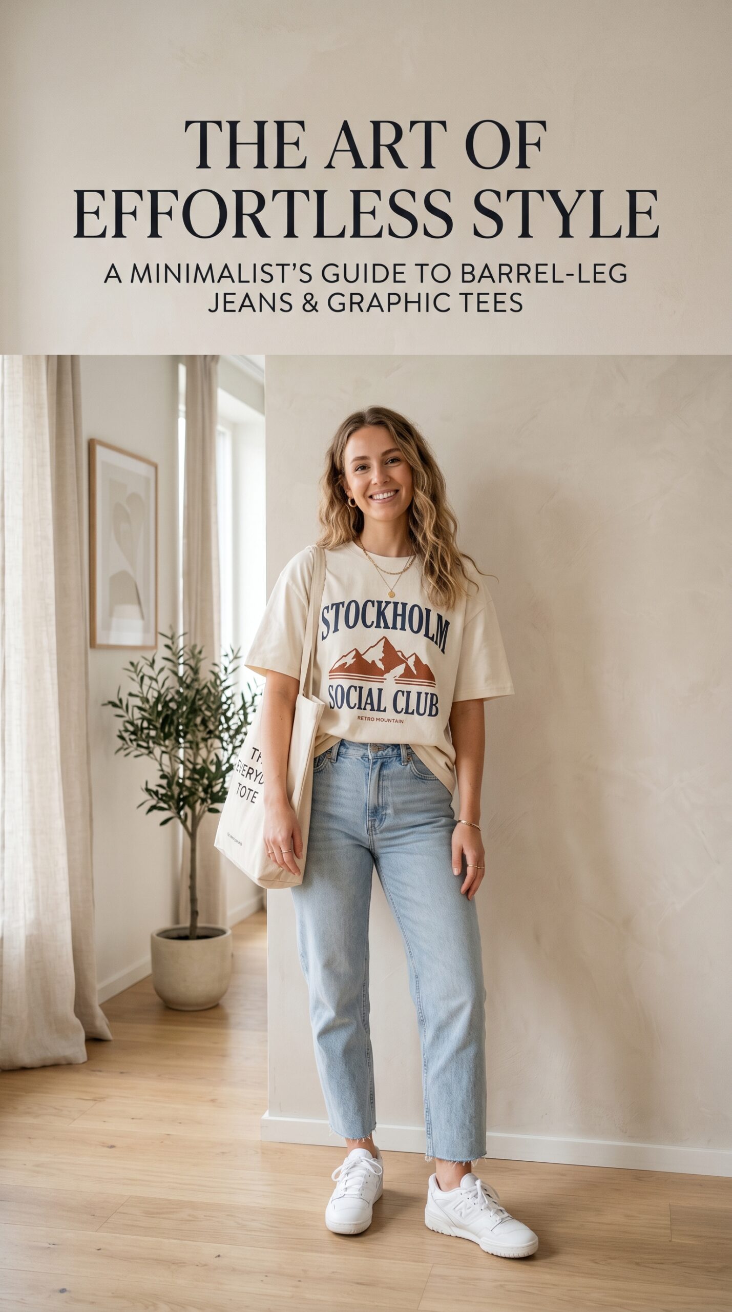 Barrel-leg jeans with graphic tee and white sneakers — minimalist effortless style 2026