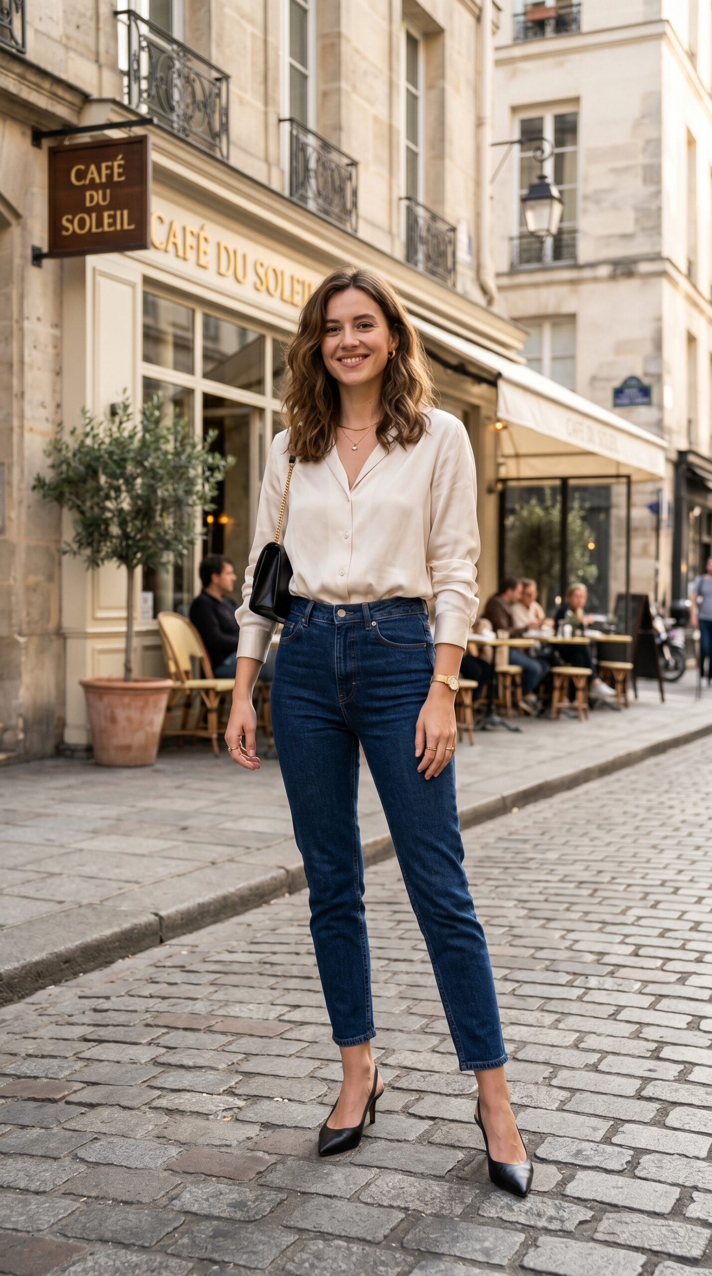 Cigarette jeans with cream silk blouse and heels — French girl chic outfit