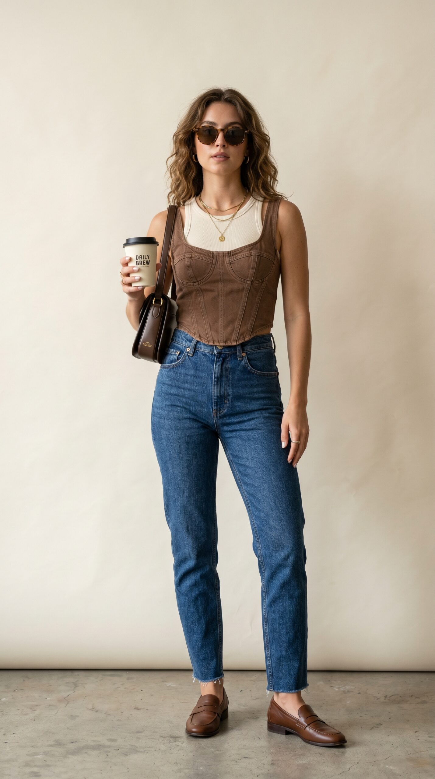 Denim mini skirt with tube top and loafers — street style fashion 2026