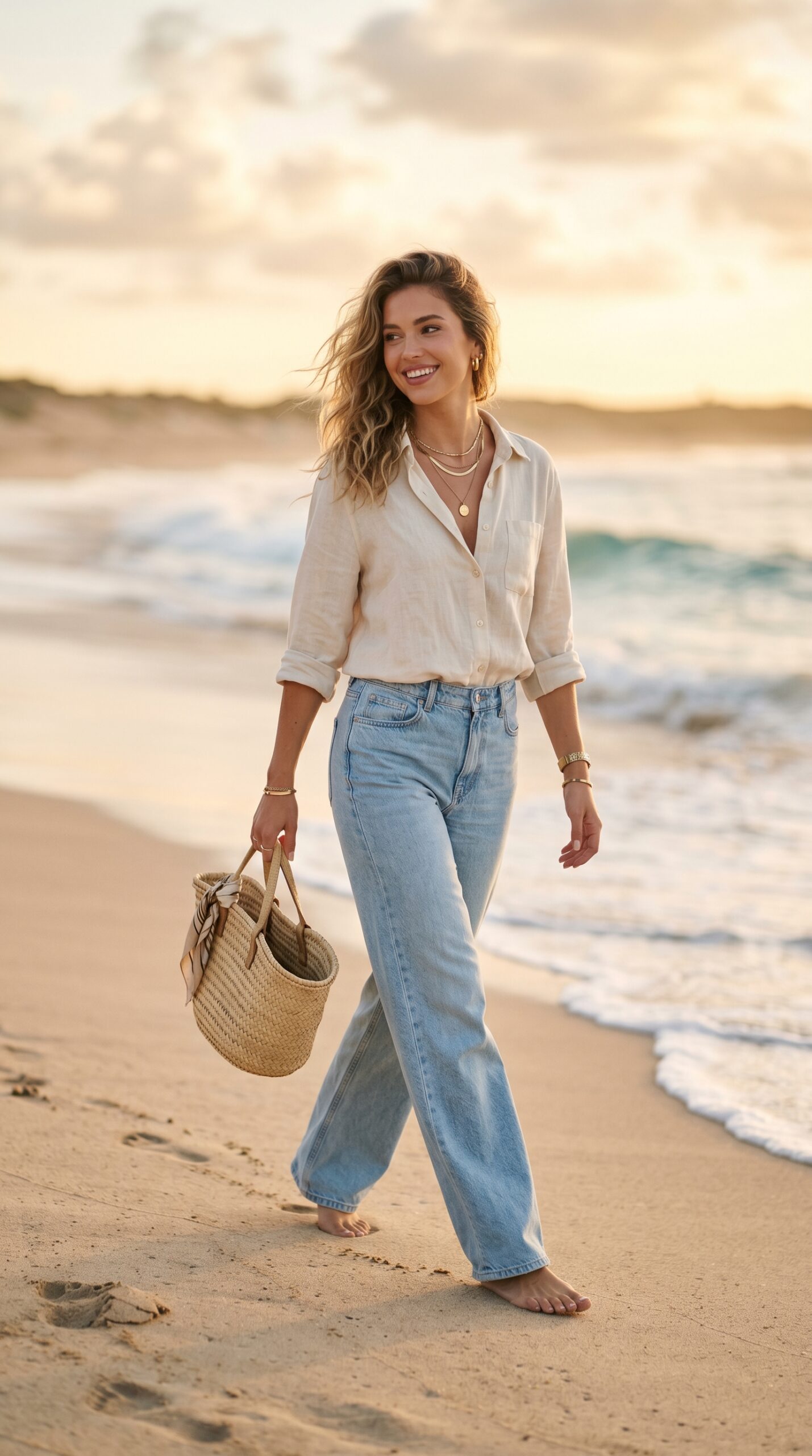 Wide-leg jeans with linen shirt at the beach — effortless summer denim outfit 2026