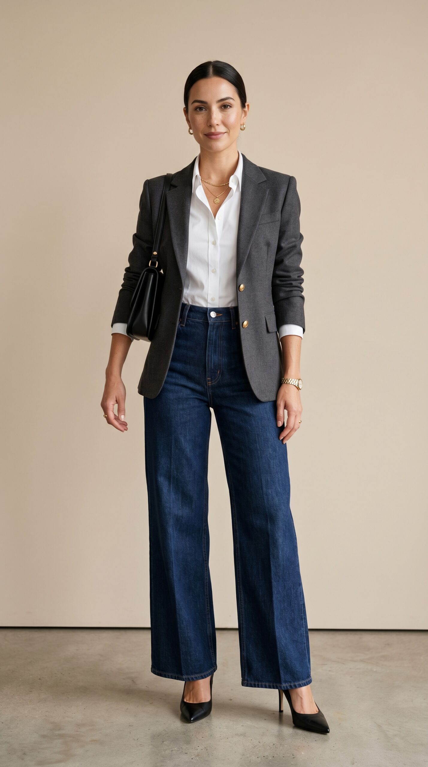 Wide-leg jeans with grey blazer and white shirt — polished office outfit