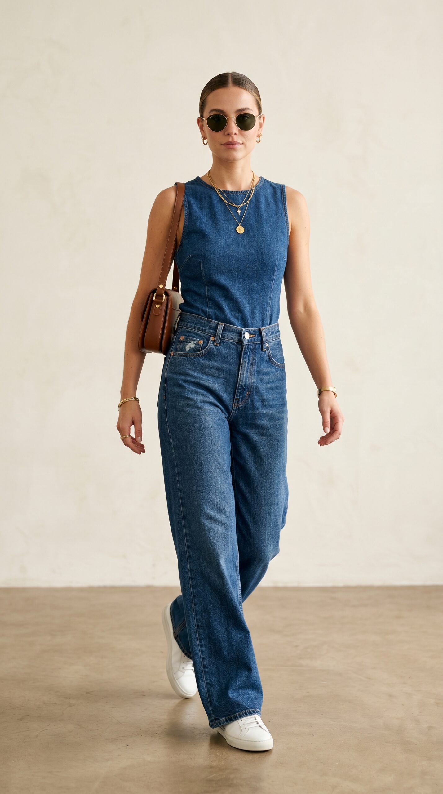 Wide-leg jeans with camel blazer — smart casual work outfit 2026