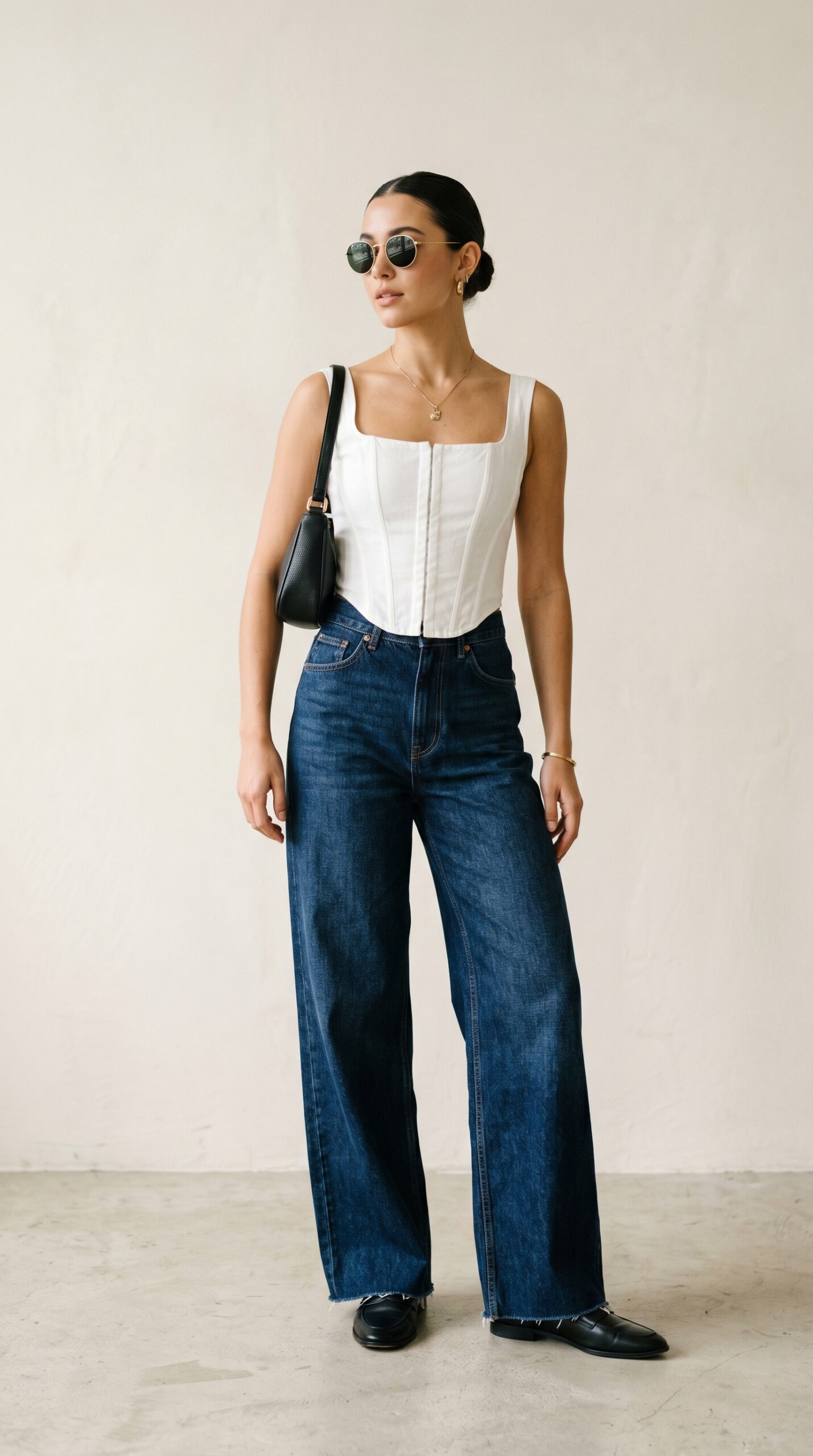 Pinstripe wide-leg denim with strapless top — editorial denim styling