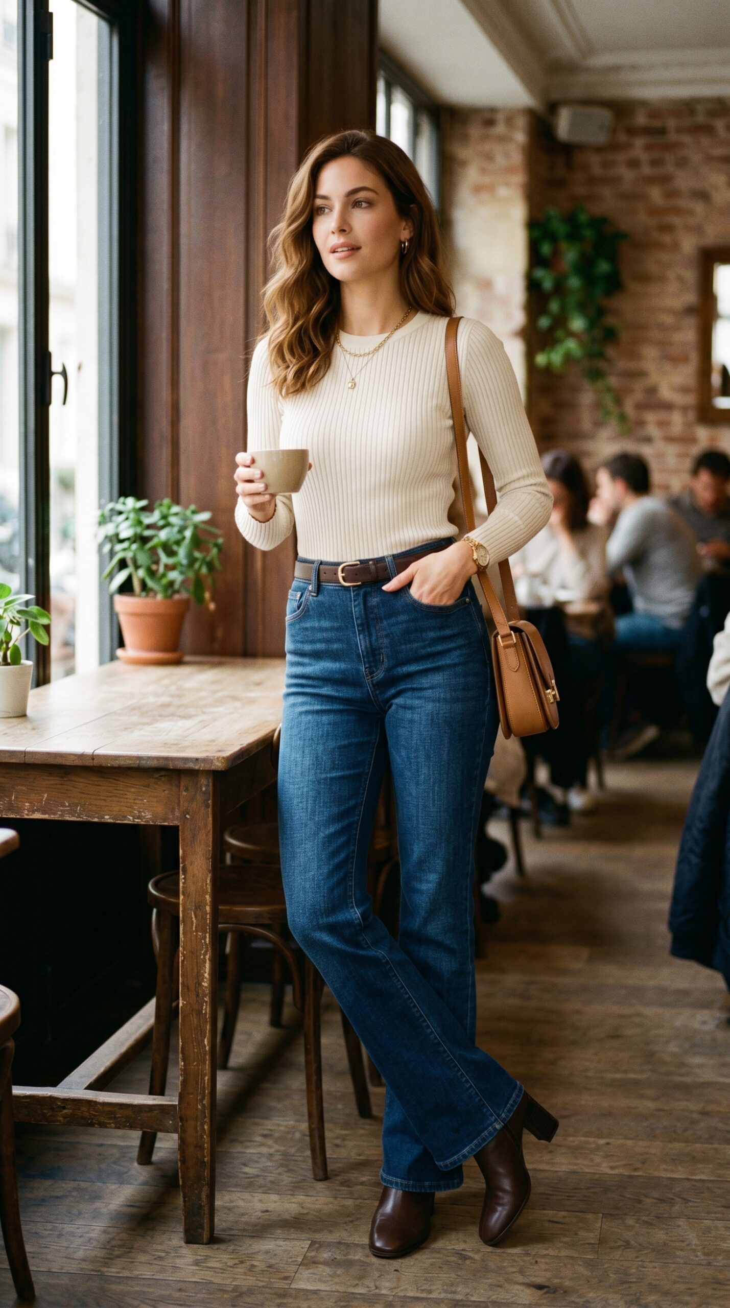 Bootcut jeans with ribbed sweater and boots in café setting — everyday chic 2026
