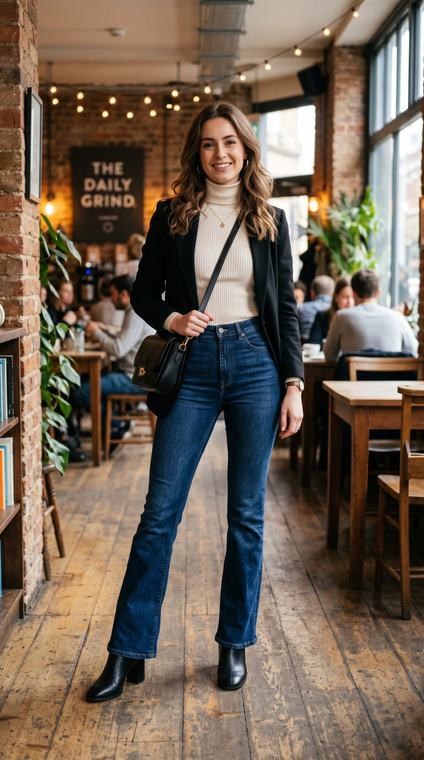 Bootcut denim with cream turtleneck and crossbody bag — classic autumn outfit