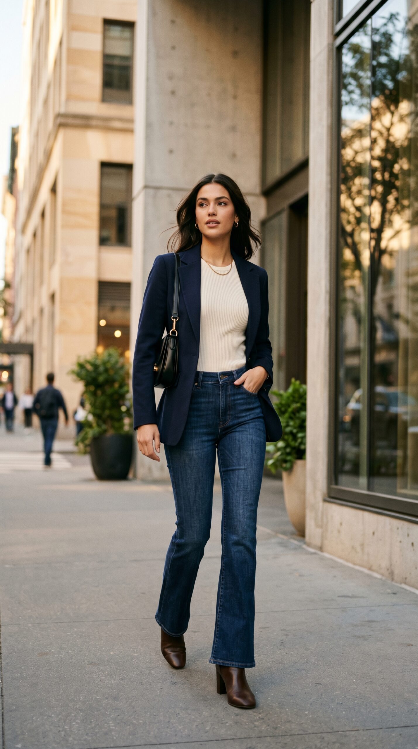 Bootcut jeans with navy blazer and brown ankle boots — smart casual city look