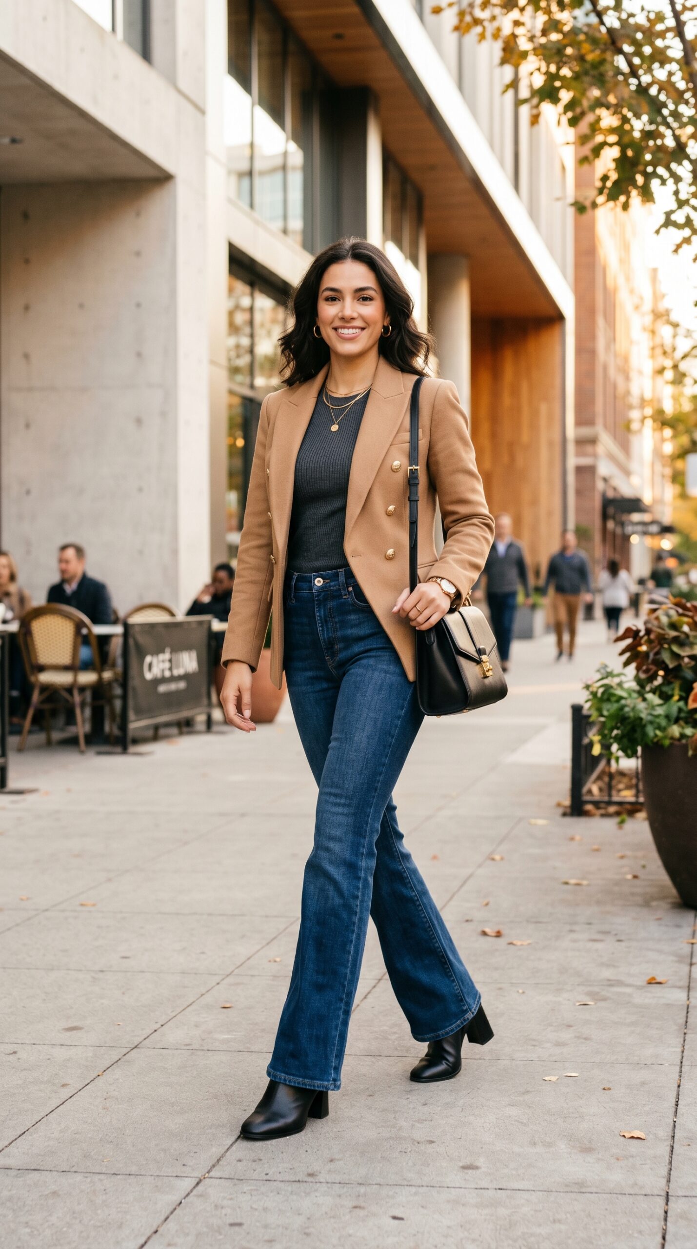 Bootcut jeans with camel blazer and ankle boots — polished street style outfit 2026