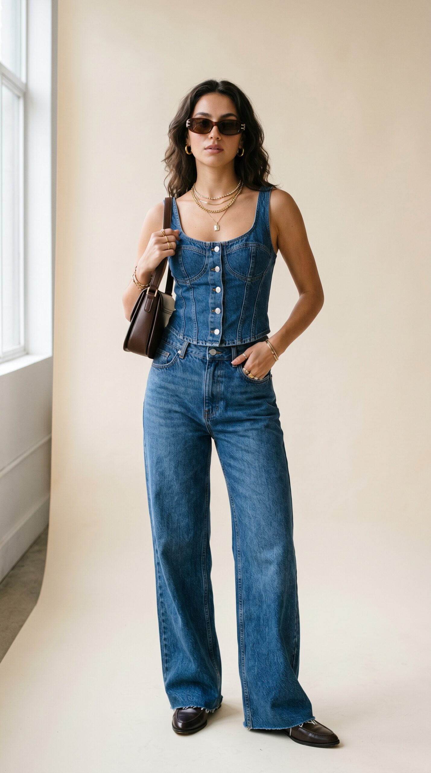 Strapless denim corset with wide-leg jeans — denim on denim breakout look 2026