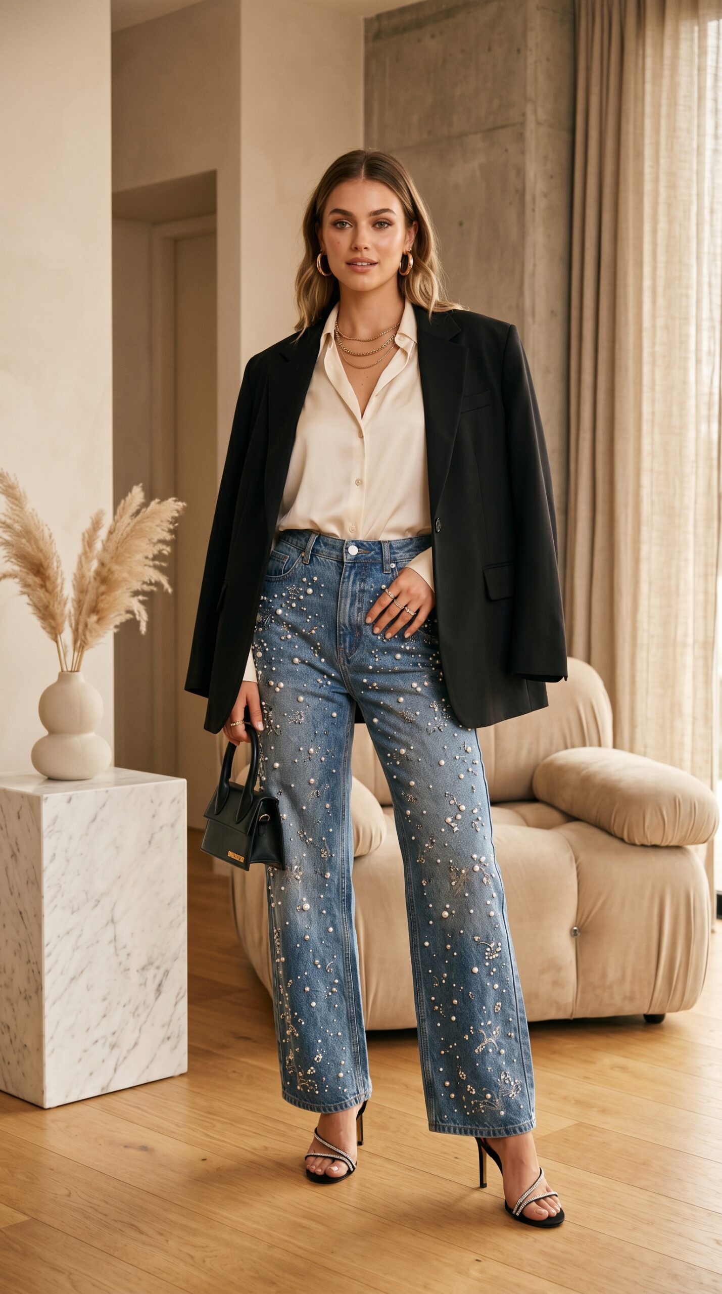 Pearl and crystal embellished straight-leg jeans with silk blouse — evening denim look