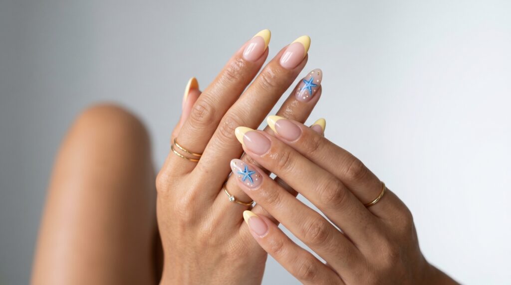 Summer Beach Nails 2026 glossy coastal french manicure with shell accent