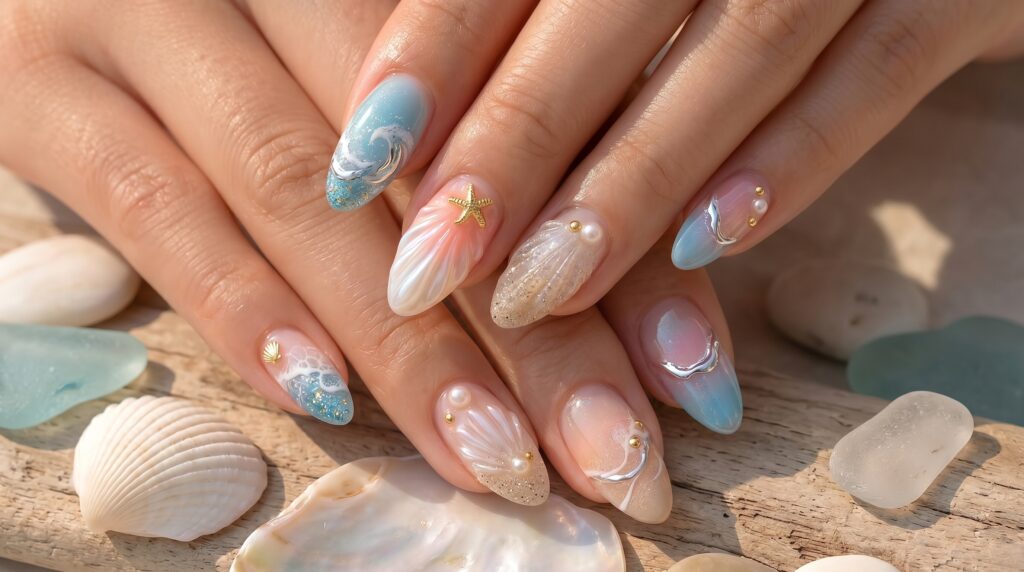 glossy ocean shell nails vacation manicure 2026