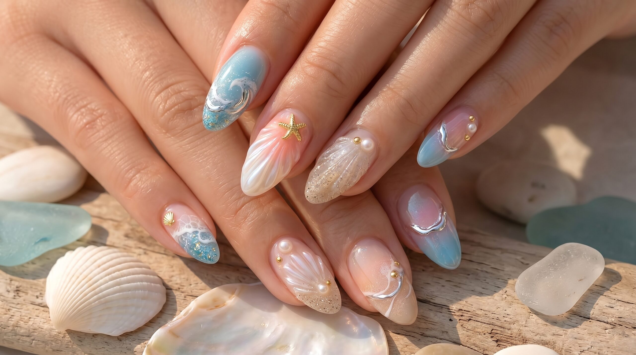 Summer beach nails 2026 — shell and ocean inspired nail art
