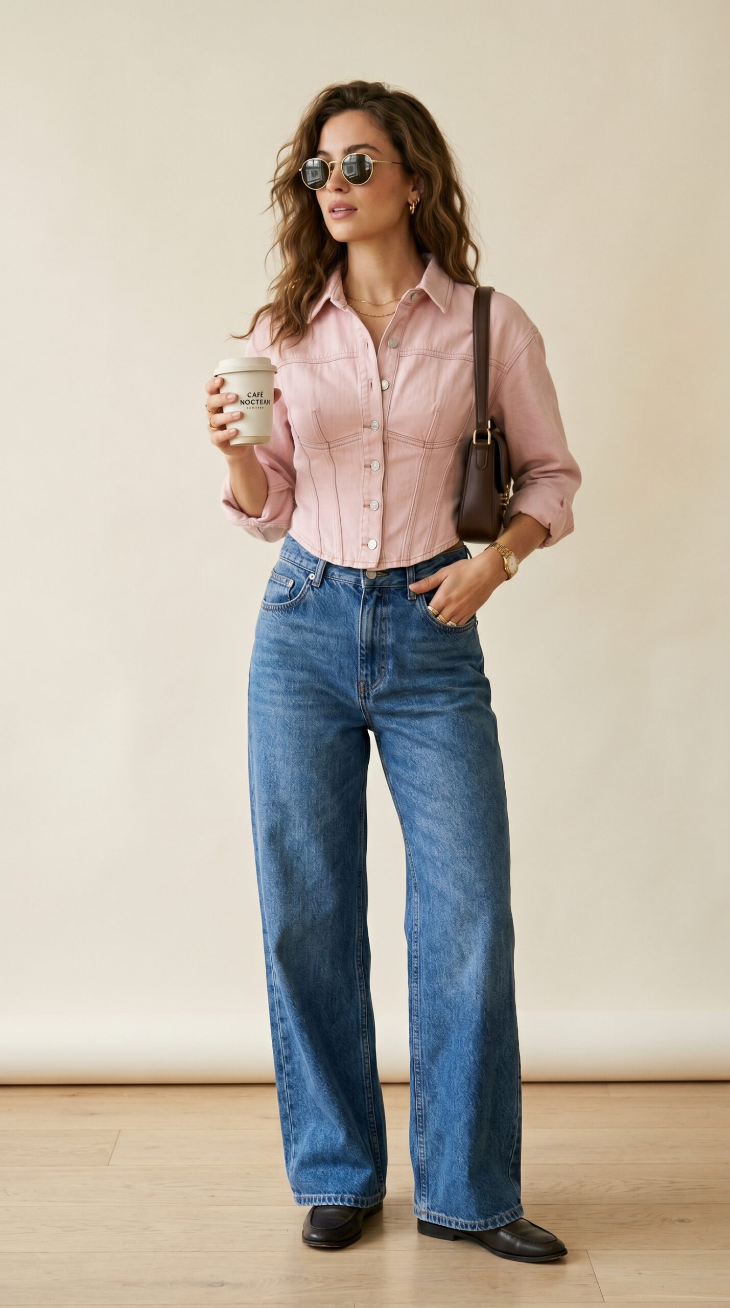Denim pink shirt with wide-leg jeans — double denim street style 2026