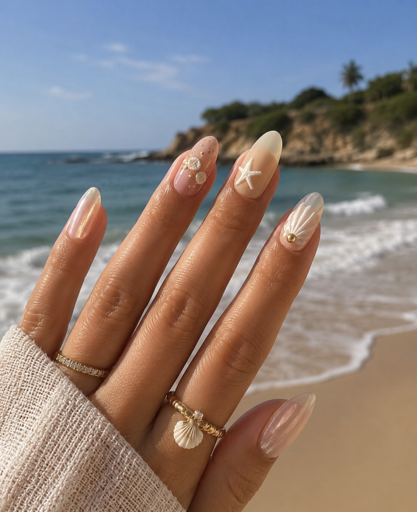 Summer Beach Nails 2026 simple nude beach nails with seashell detail