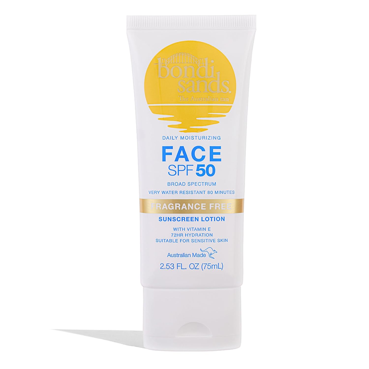 Top 10 Best Sunscreen for all skin types Bondi Sands Fragrance-Free SPF 50 Face Lotion bottle with clean Australian beach-brand packaging on neutral background