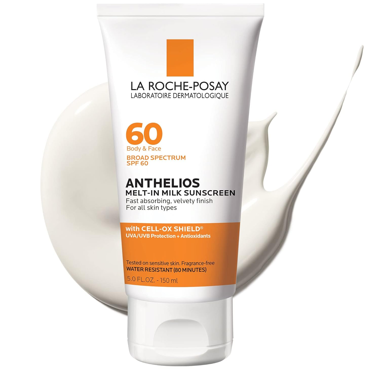 Top 10 Best Sunscreen for all skin types La Roche-Posay Anthelios Melt-in Milk SPF 60 bottle with pharmacy-style blue and white packaging on minimal background