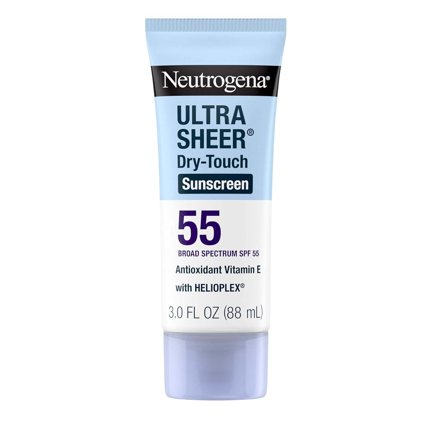 Top 10 Best Sunscreen for all skin types Neutrogena Ultra Sheer Dry-Touch SPF 55 tube with classic blue and white drugstore packaging affordable everyday sunscreen