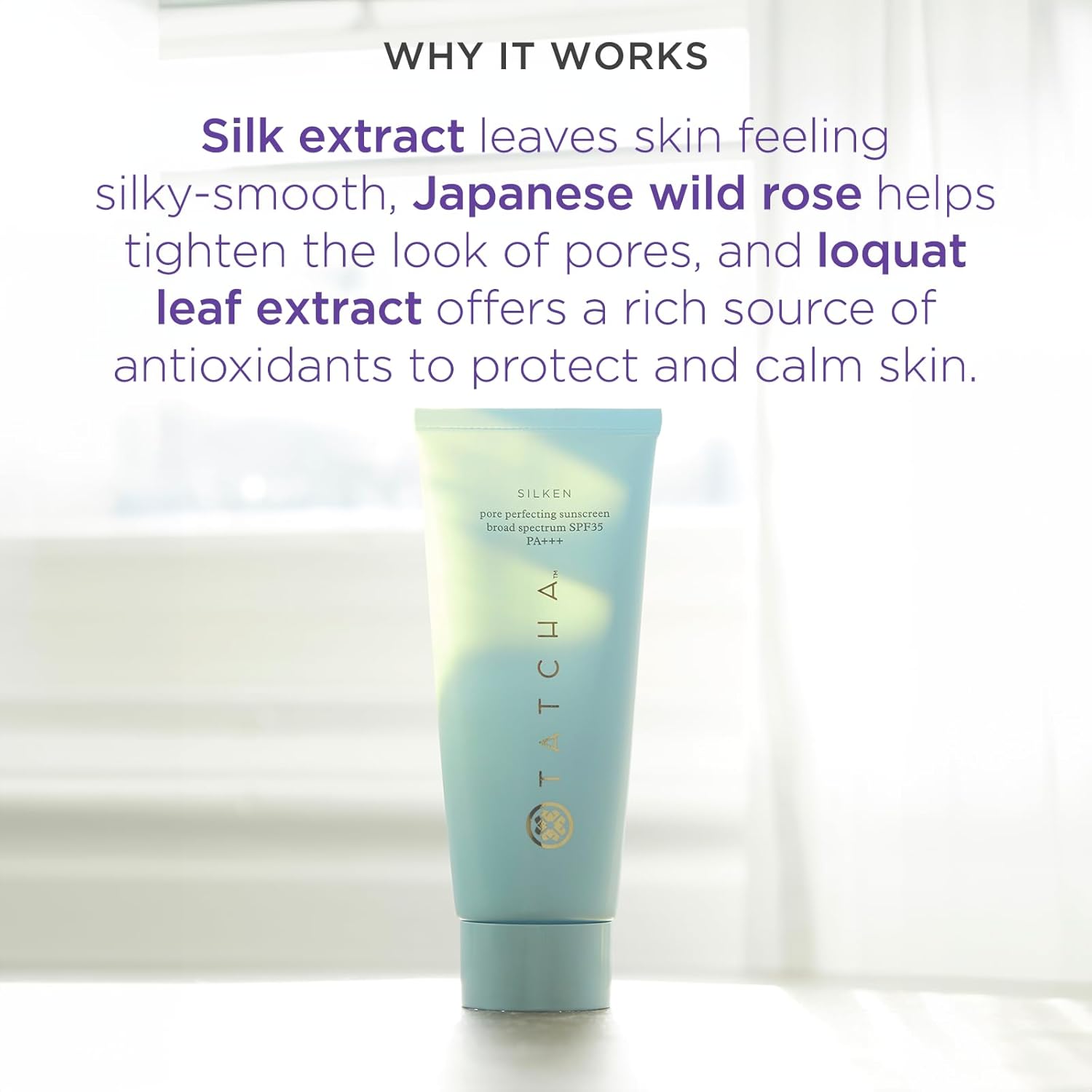 Top 10 Best Sunscreen for all skin types Japanese aesthetic flatlay of Tatcha sunscreen with cherry blossom branch silk fabric and rice grains on parchment background