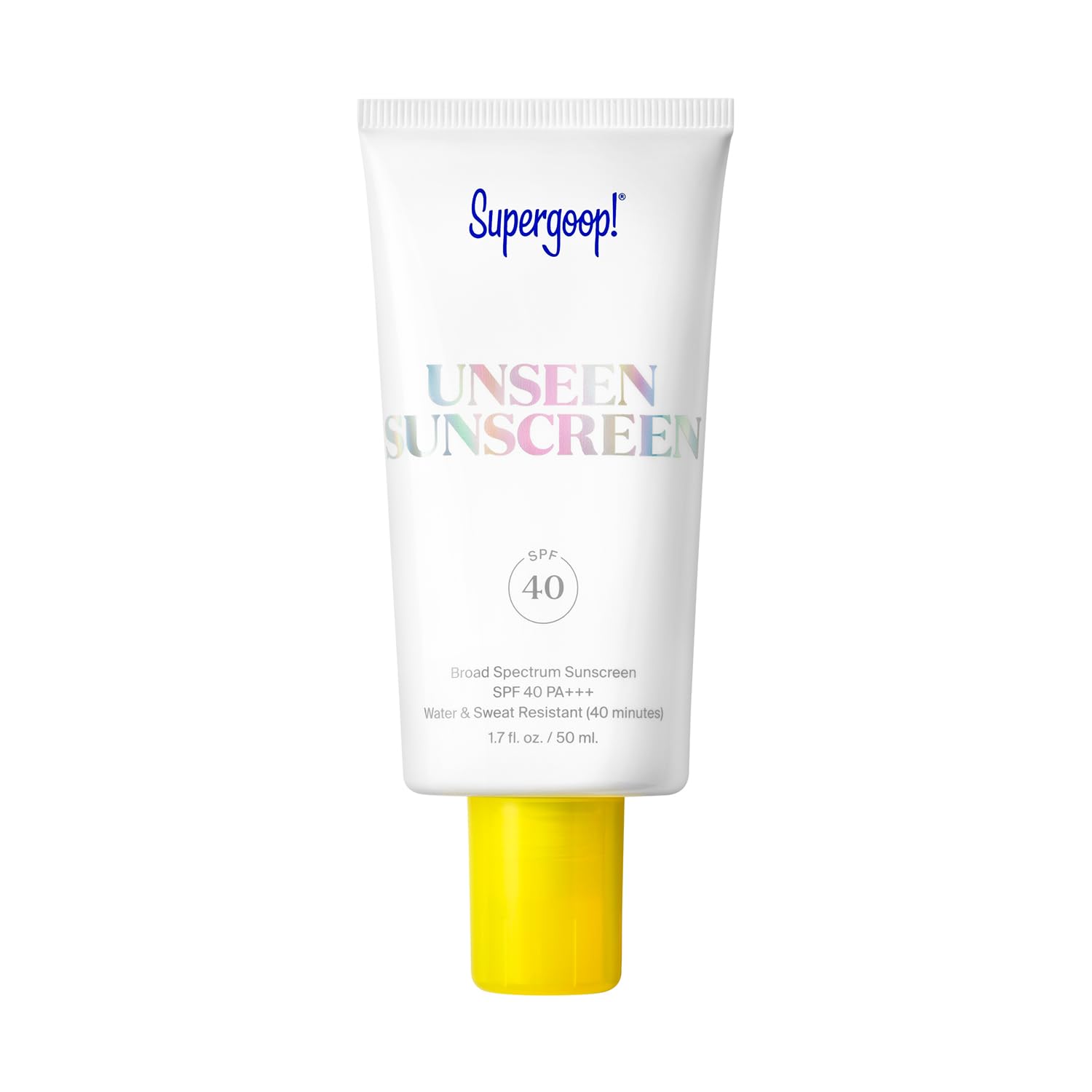Top 10 Best Sunscreen for all skin types Supergoop Unseen Sunscreen SPF 40 tube with clear gel texture swatch demonstrating invisible primer-like finish on bare skin