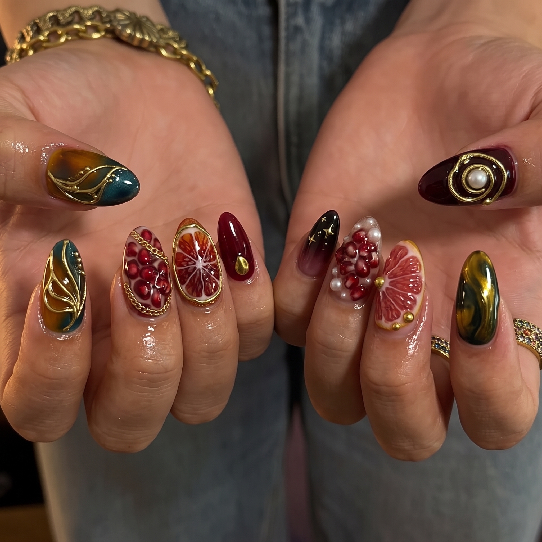 3D citrus blood orange pomegranate nail art with pearls and gold chains summer nails
