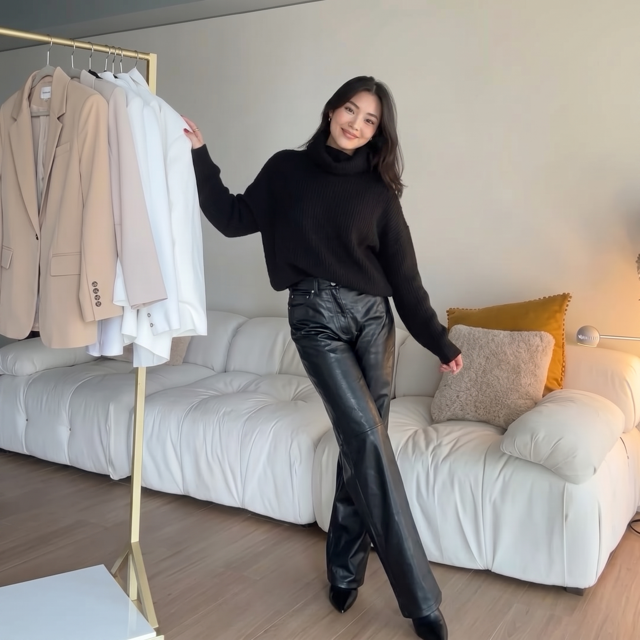 Black turtleneck sweater with black leather wide leg pants chic Christmas outfit