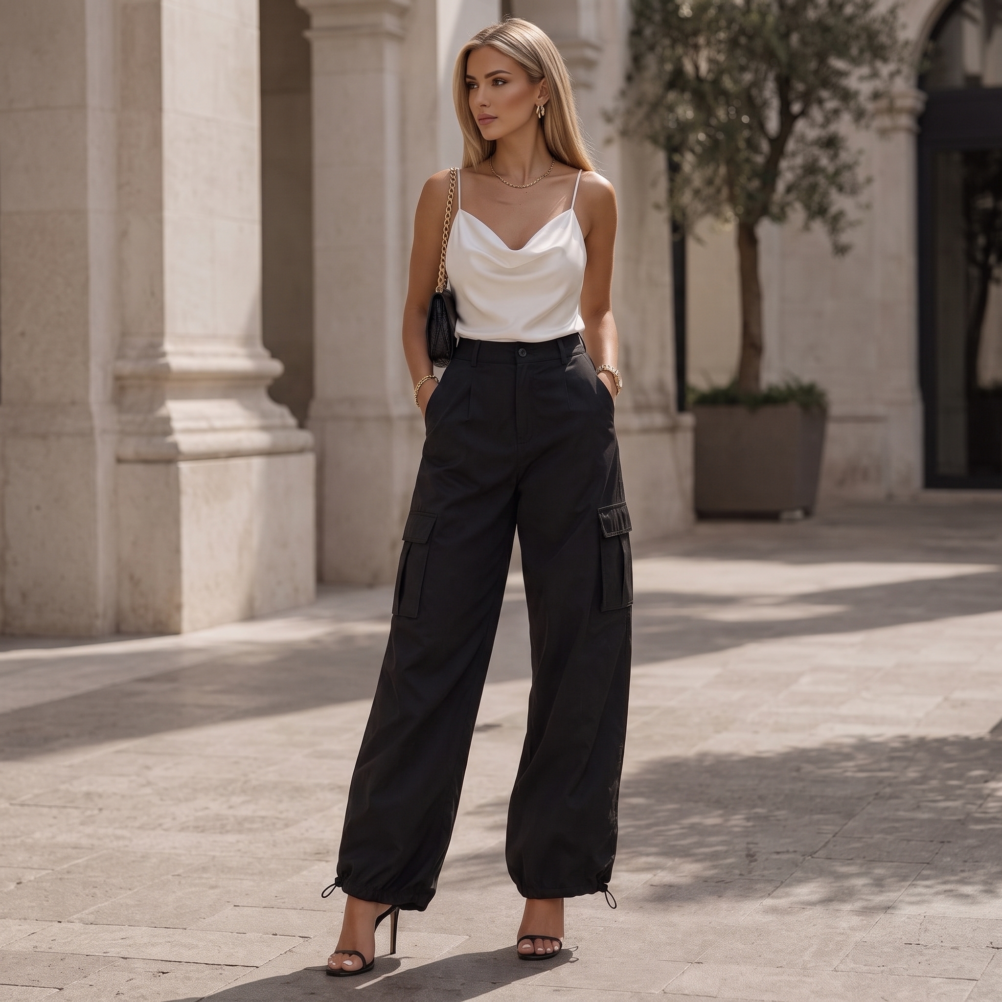 Cargo pants with satin shirt outfit
