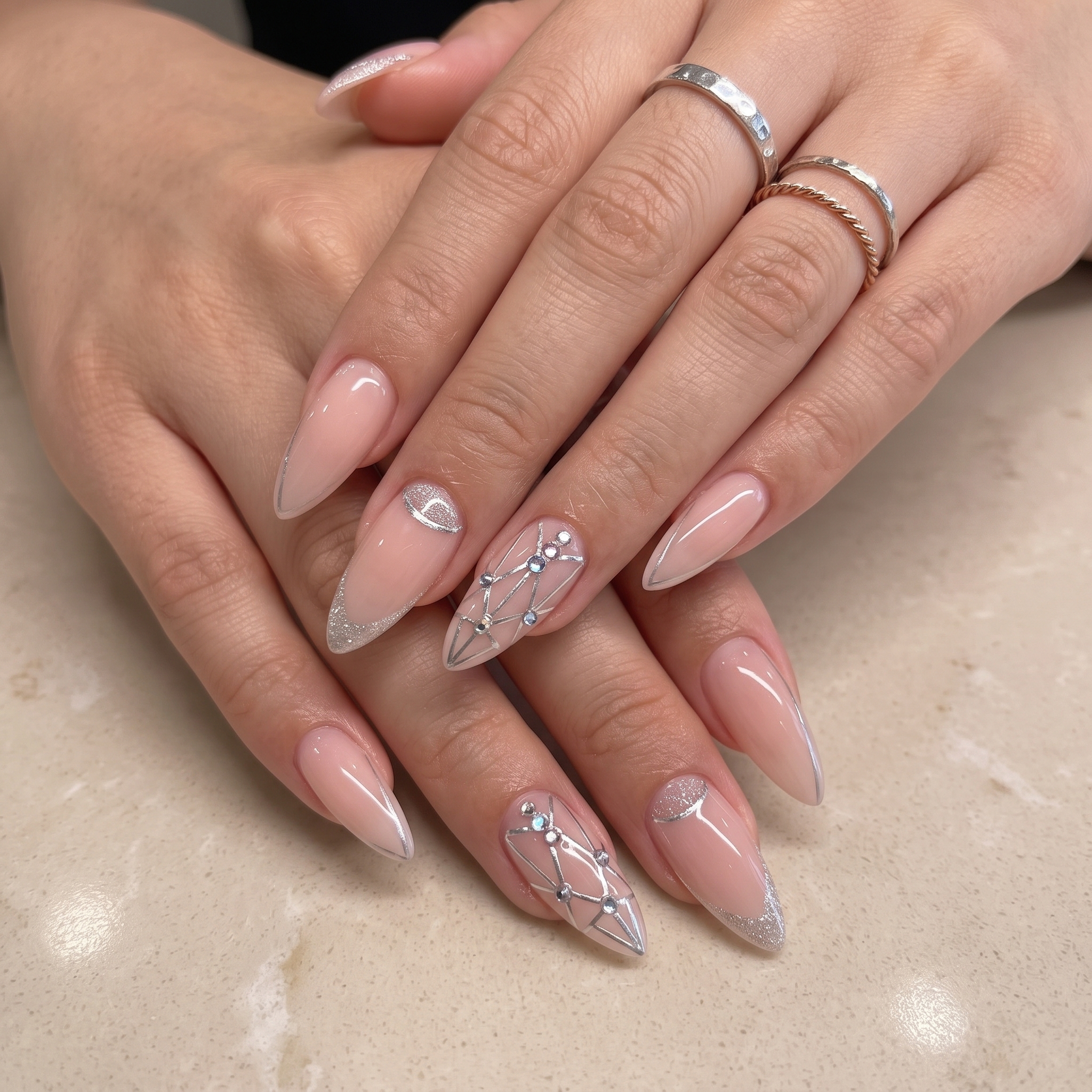 Classic French tip graduation manicure close up