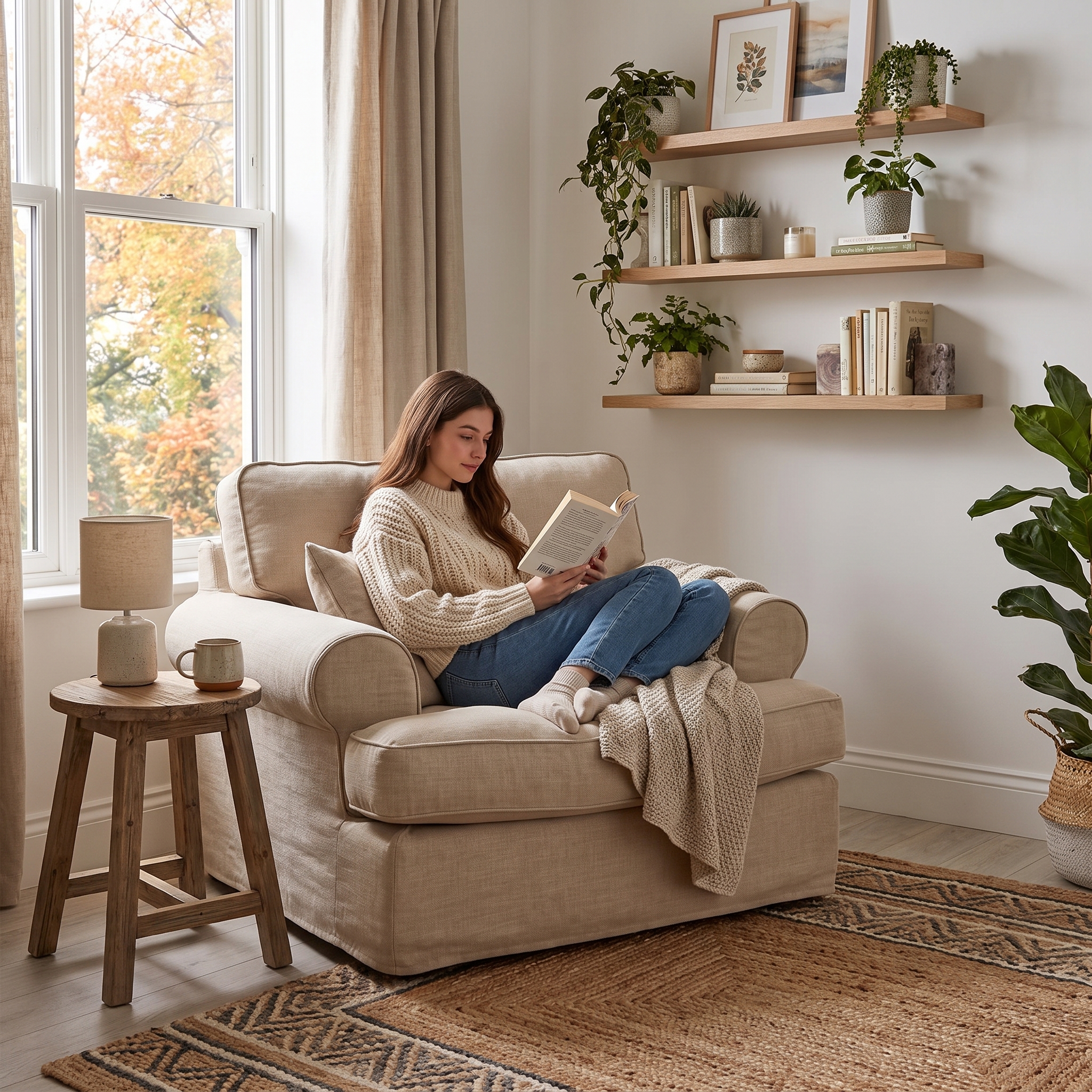 Cozy reading corner with blanket and candle