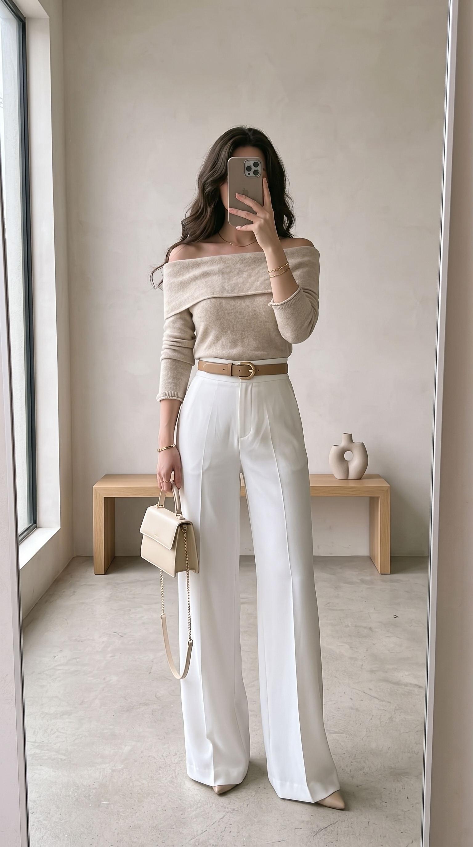 Cream monochrome outfit off shoulder sweater white wide leg pants holiday look