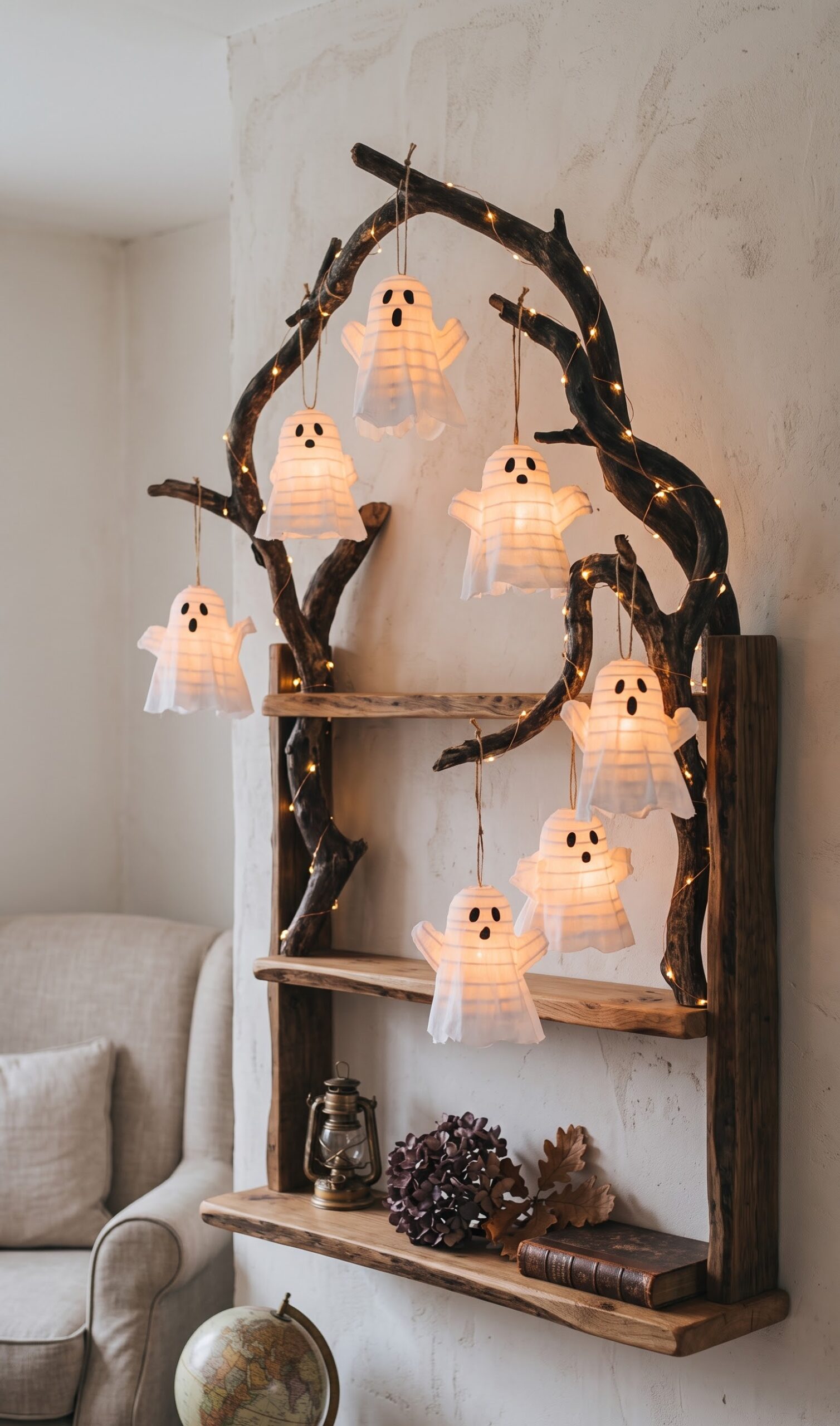 felt ghost garland strung above a console table with candles and small ghost figurines