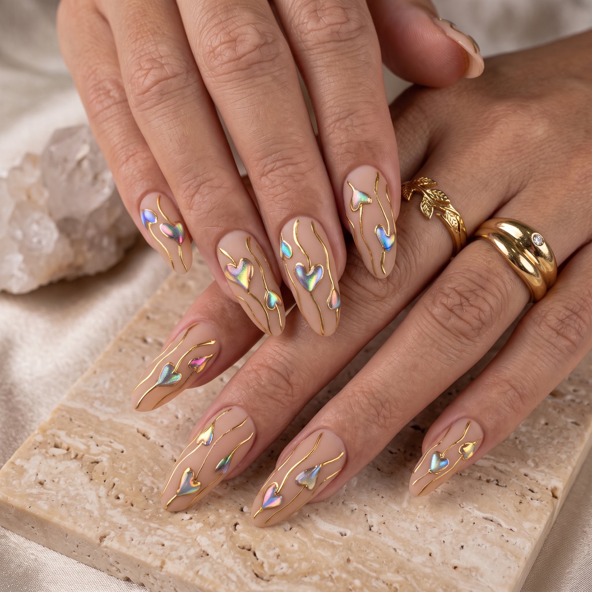 Nude nails with gold foil accents for graduation