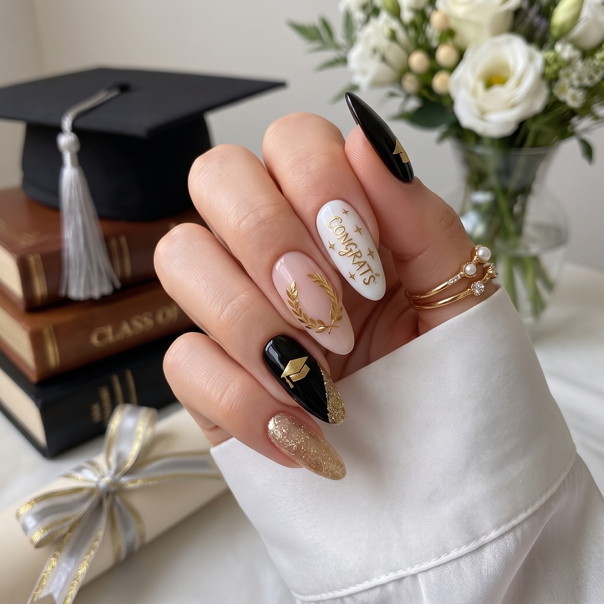 Graduation cap accent nail art