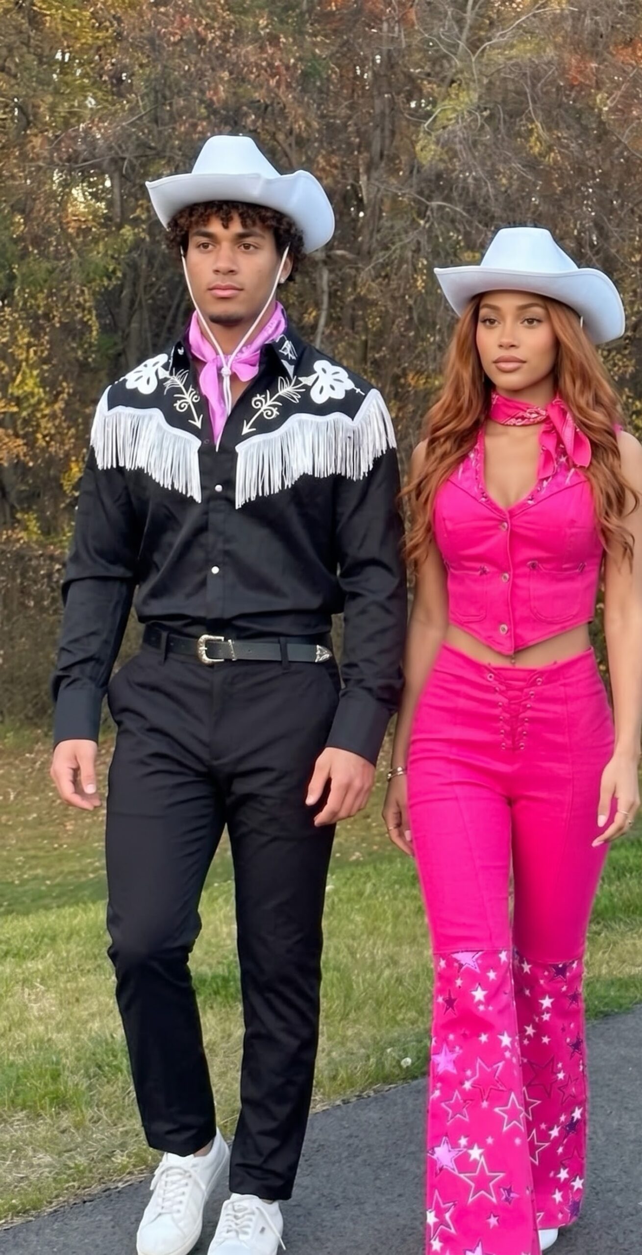 Barbie and Ken western duo Halloween costume with white cowboy hats
