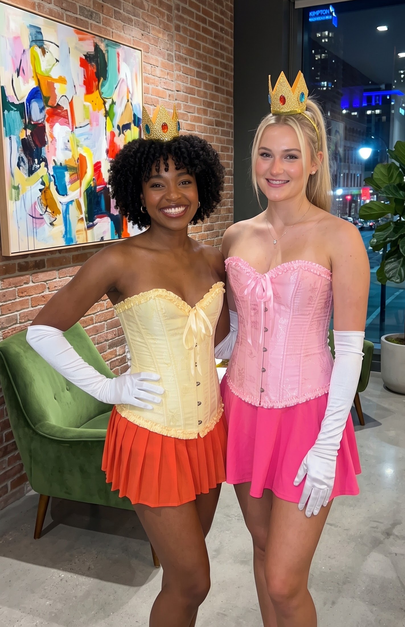 Princess Peach and Princess Daisy duo Halloween costume with crowns and gloves