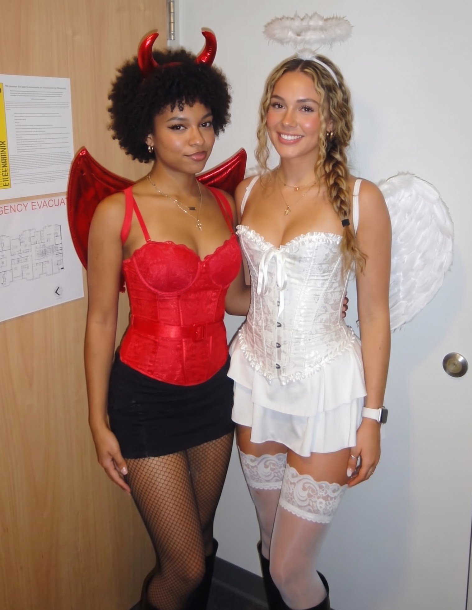 Devil and angel duo Halloween costume with horns wings and a halo