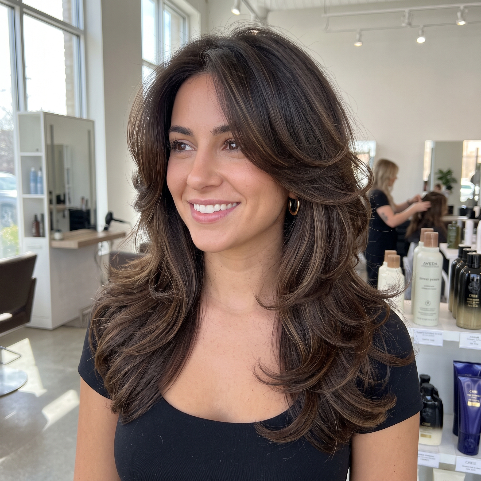 Layered butterfly blowout blonde hairstyle