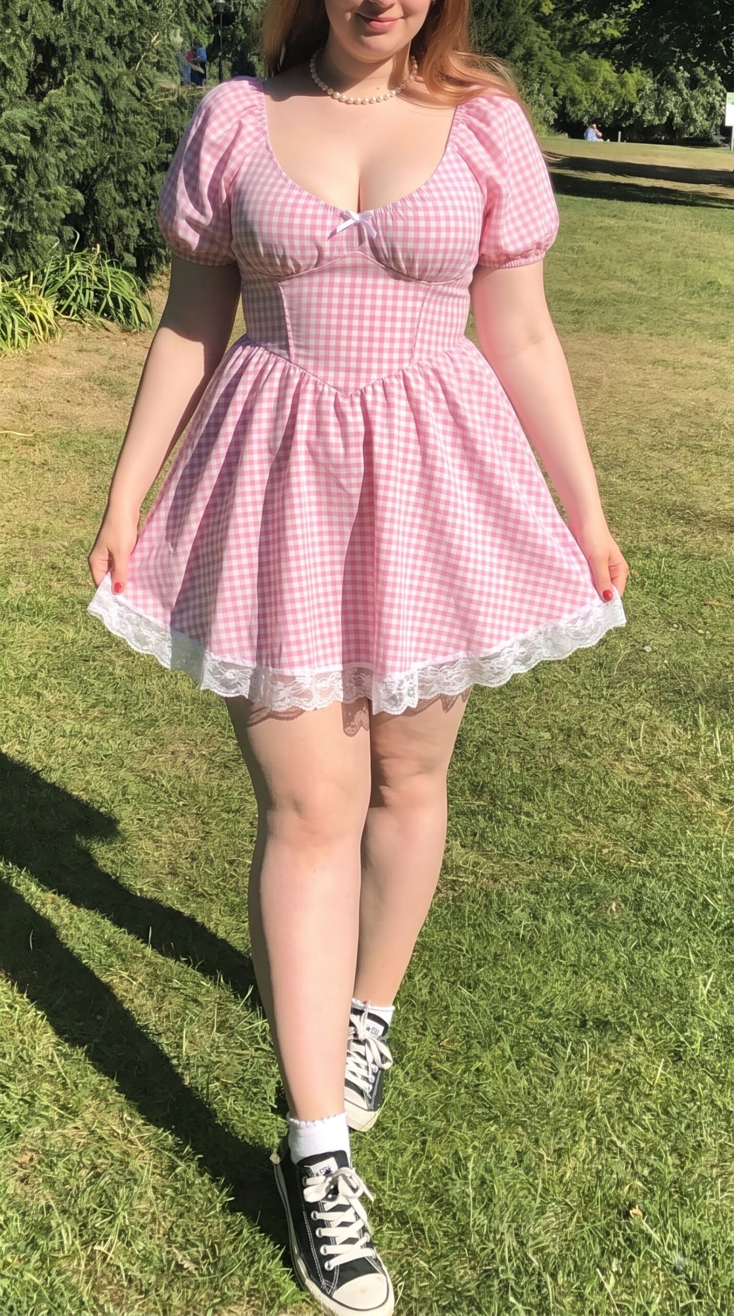 Pink gingham dress sneakers style tips for short and chubby girls
