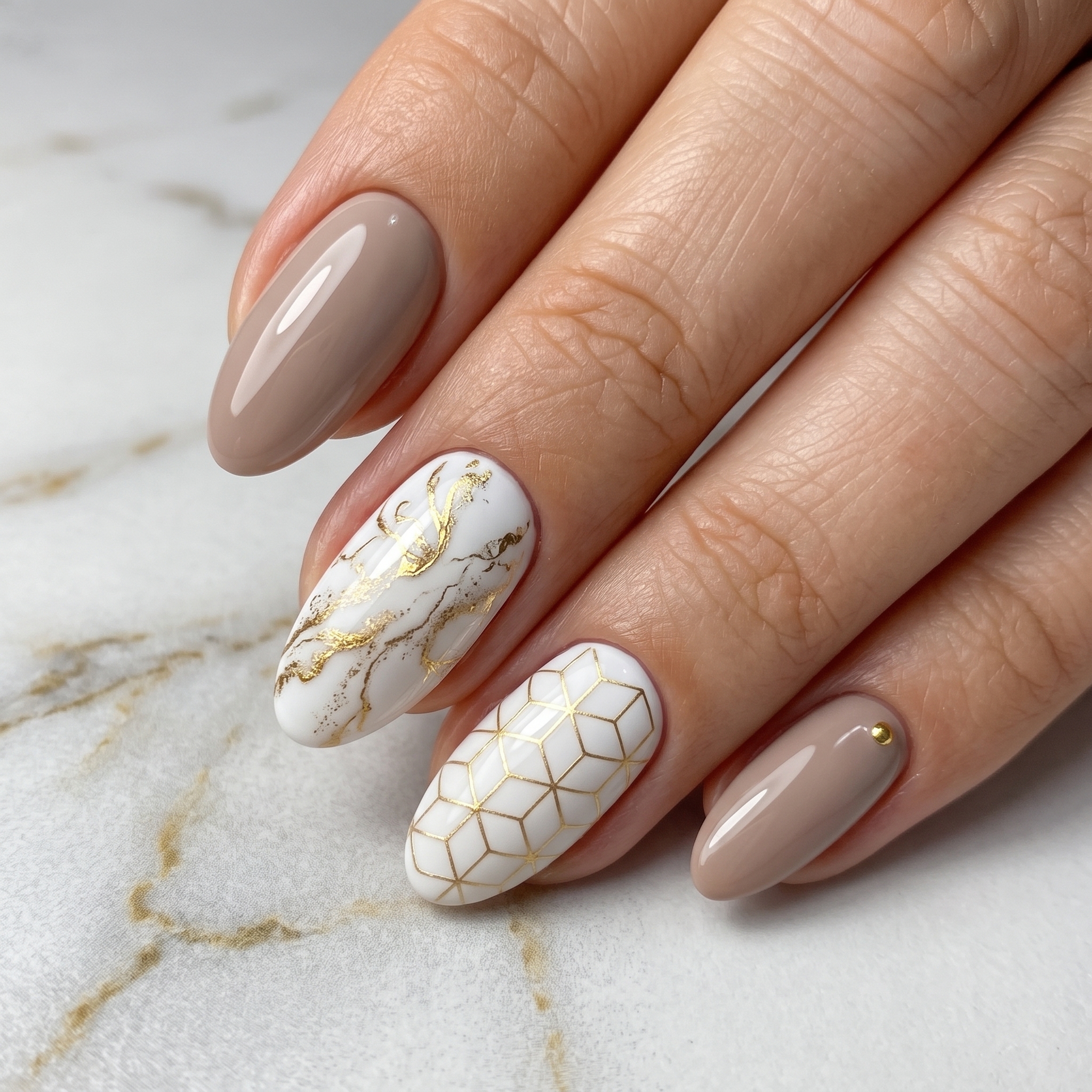 White marble nail art with gold veining