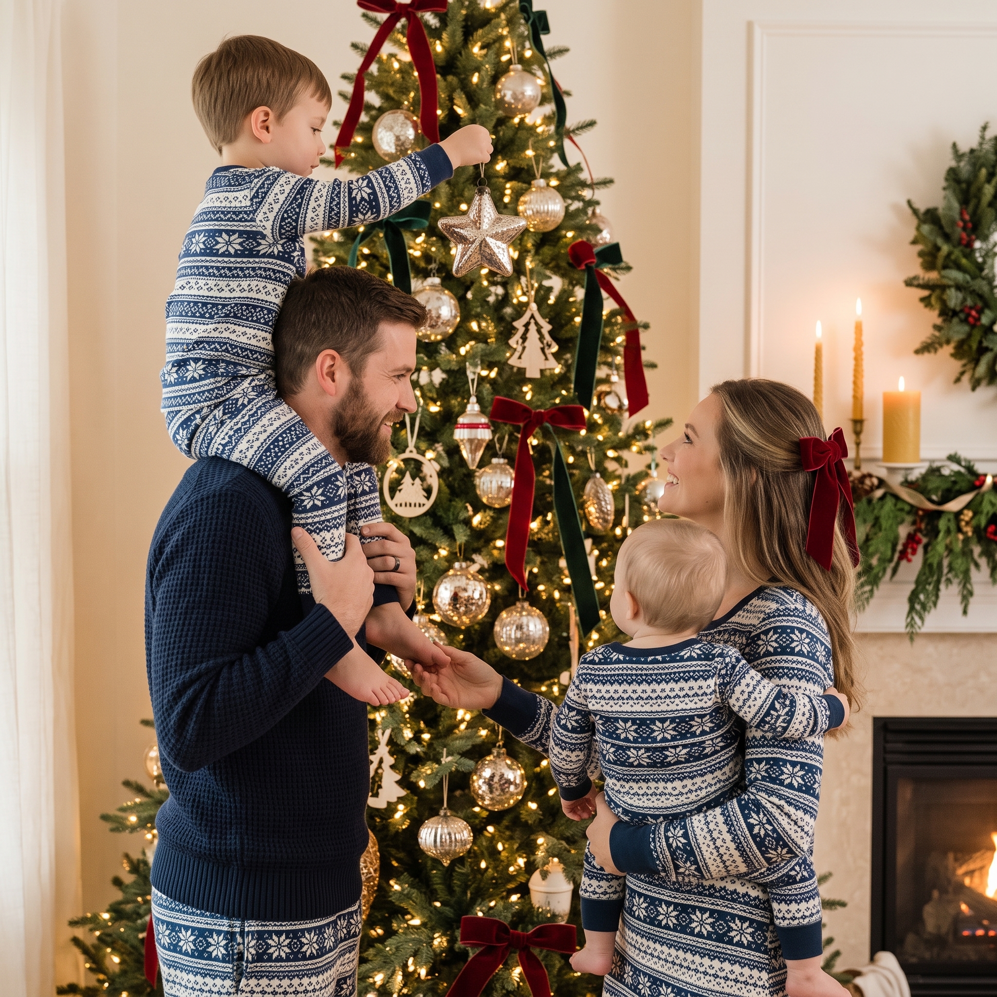 Matching family Christmas pyjamas navy blue Fair Isle pattern holiday morning