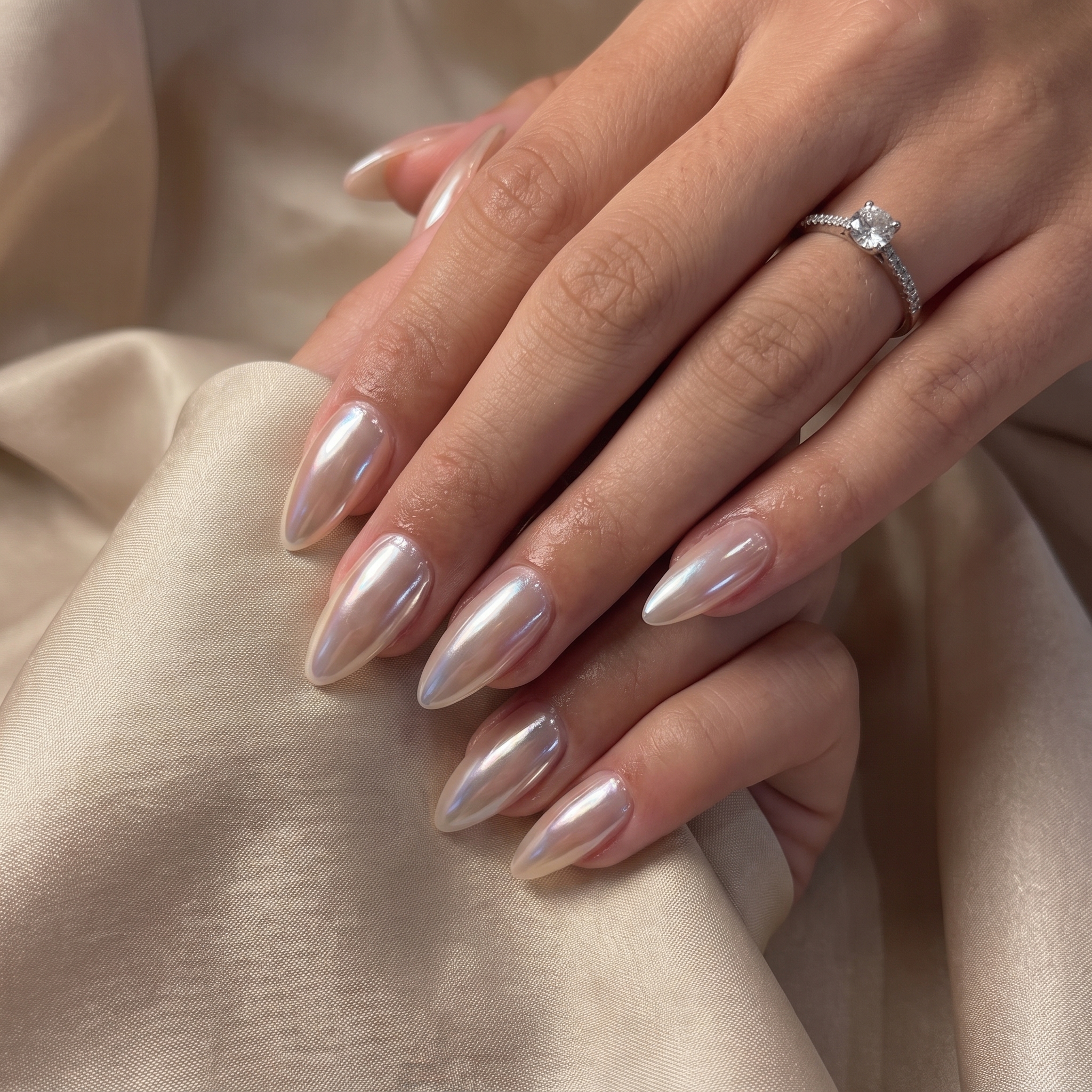 Glossy nude chrome manicure close up