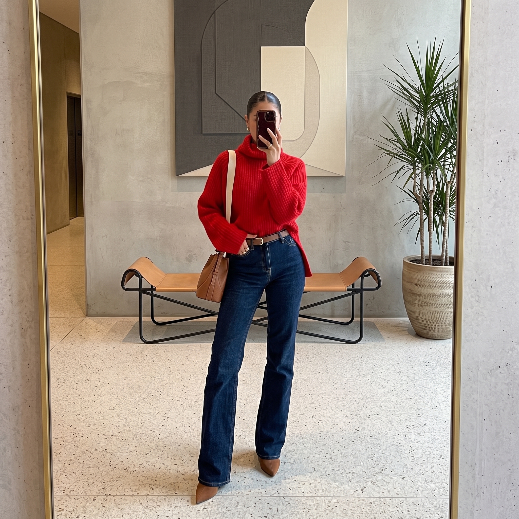 Red turtleneck sweater with dark blue flared jeans and tan heels Christmas outfit