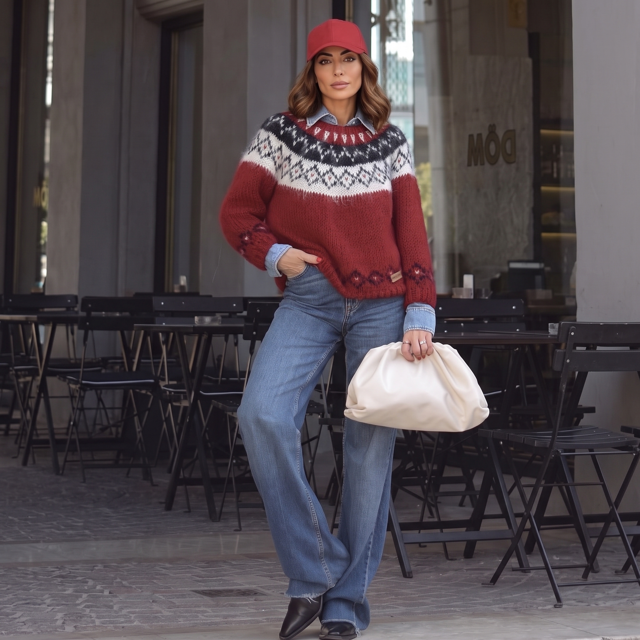 Fair Isle Nordic sweater with straight jeans and denim shirt layered underneath Christmas outfit