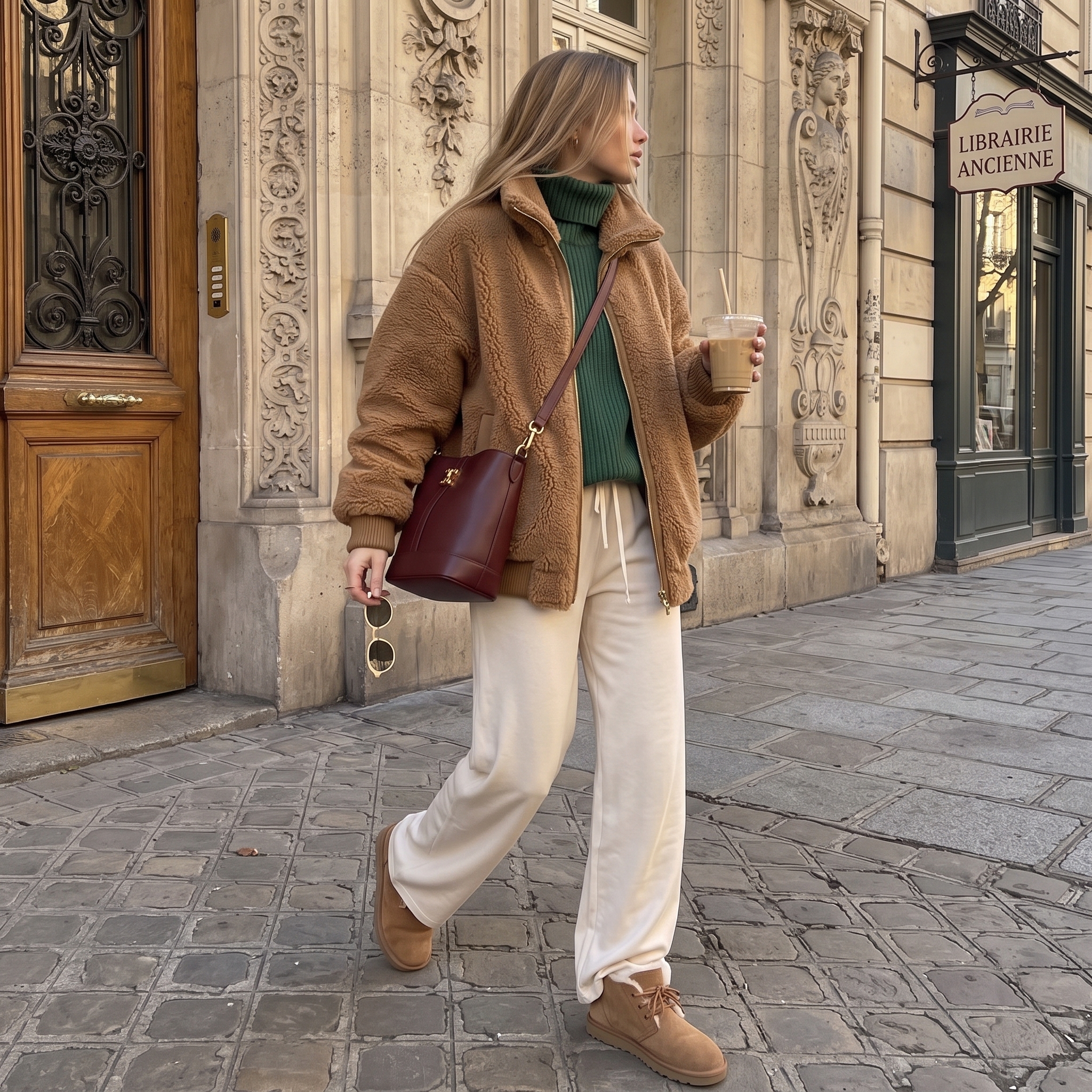 Teddy coat with green turtleneck and cream wide leg pants winter Christmas outfit