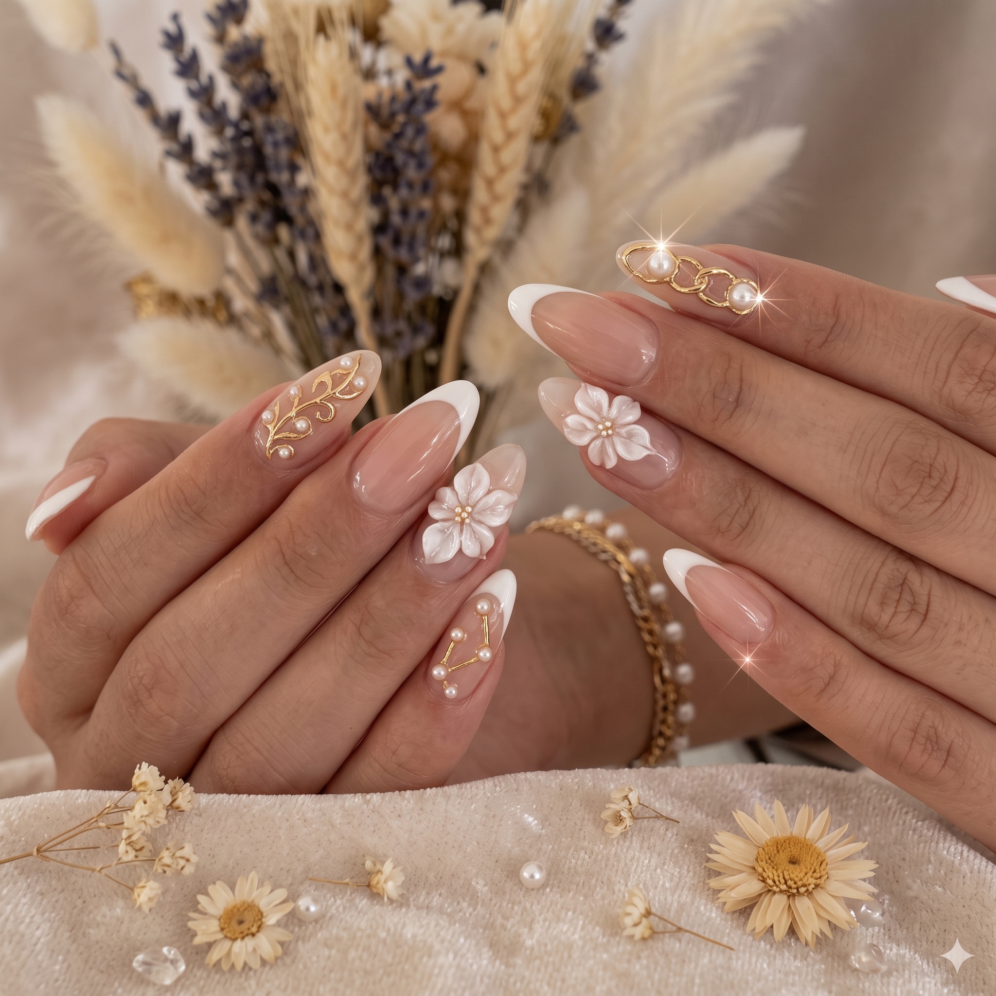 Delicate white flower nail art for graduation