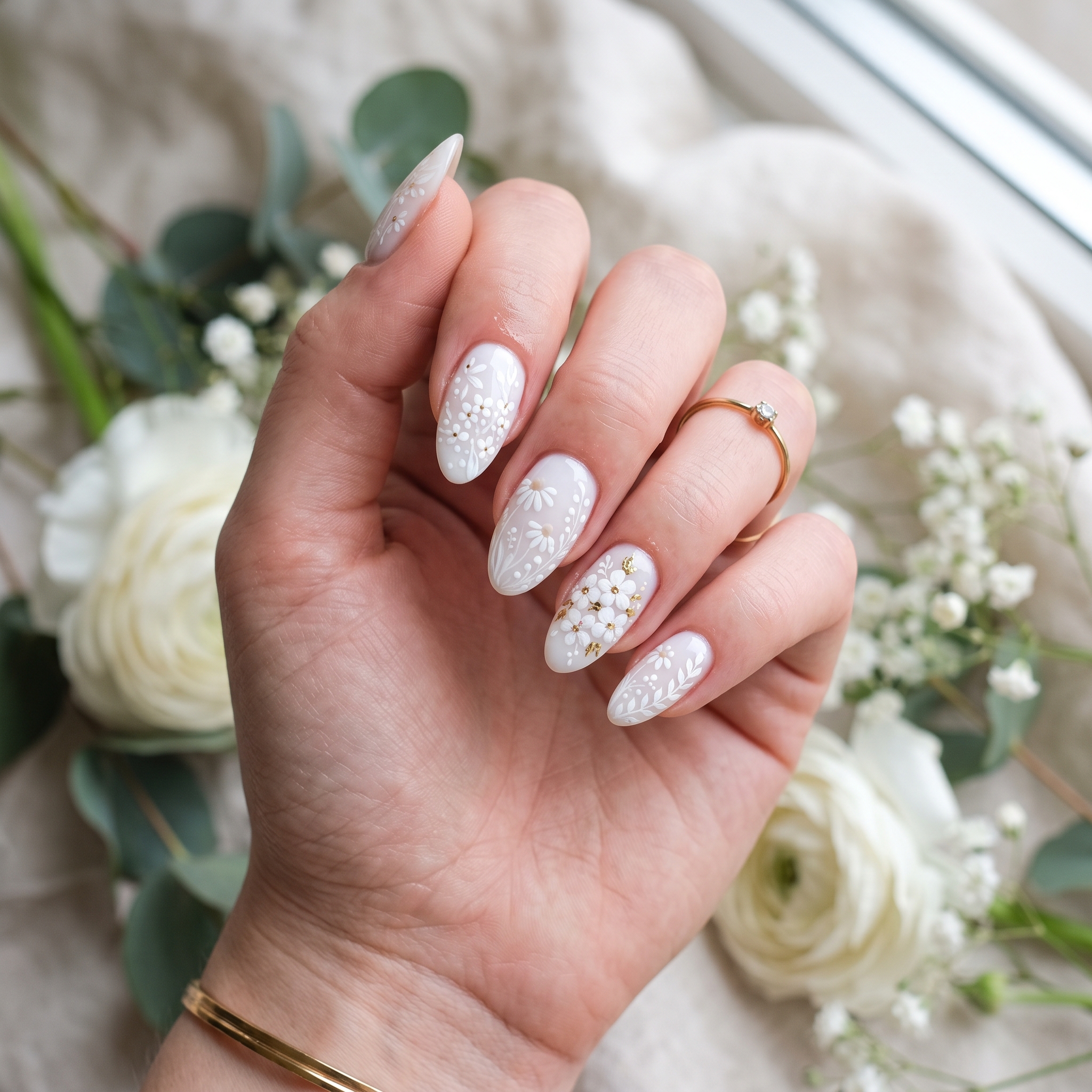 White floral graduation nails