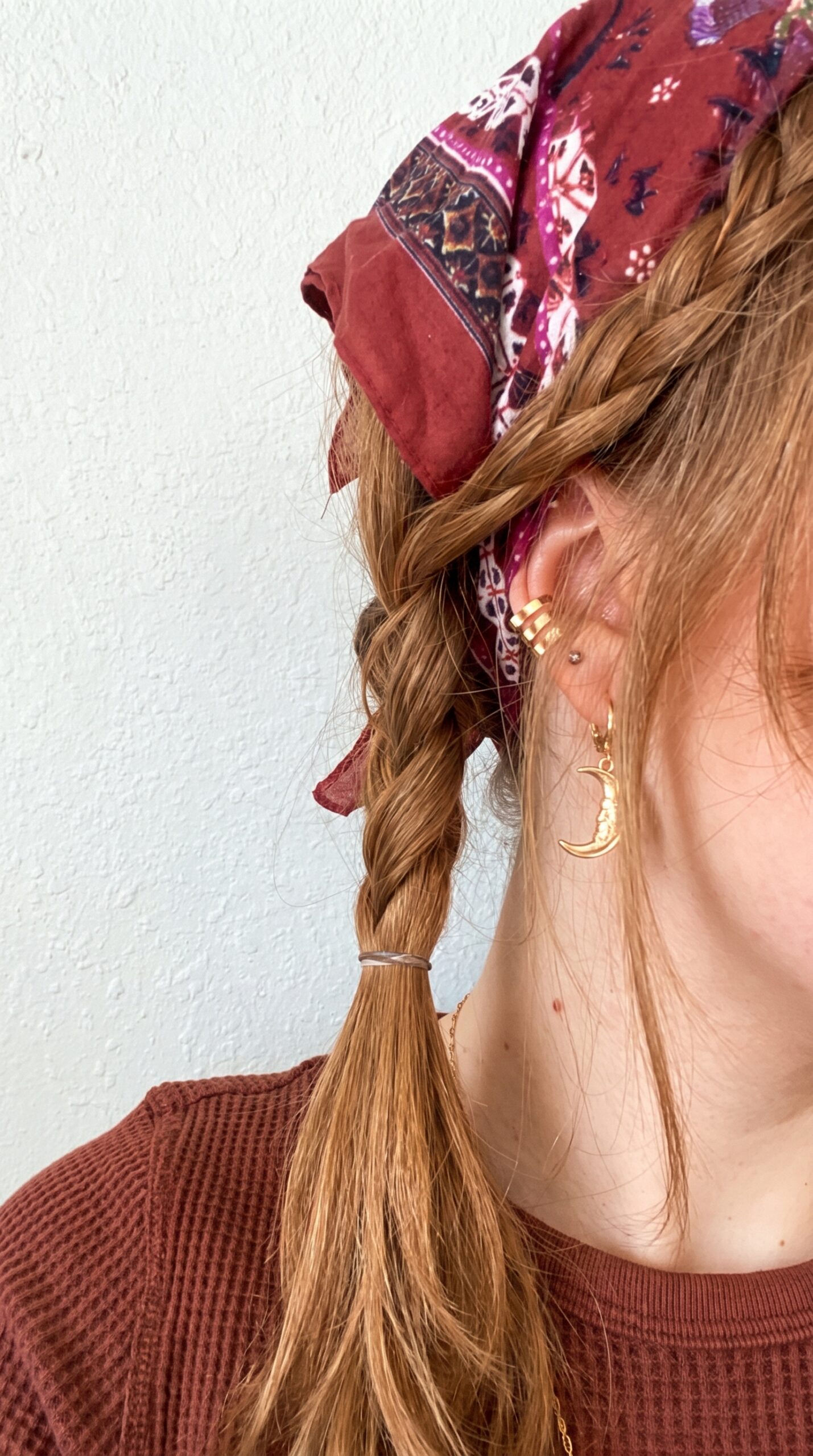 Bandana braided into a long Dutch braid
