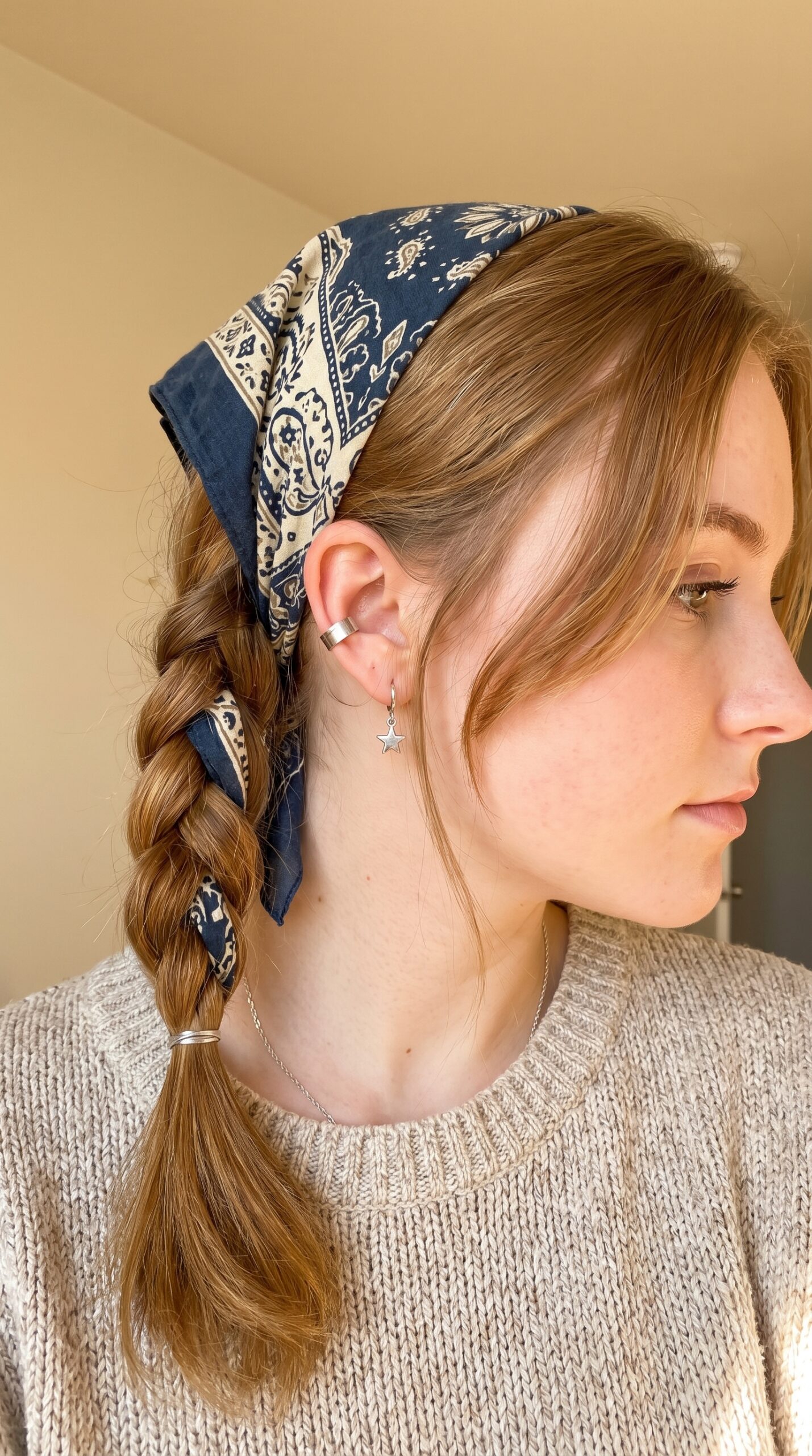 Close up of a bandana woven through a braid