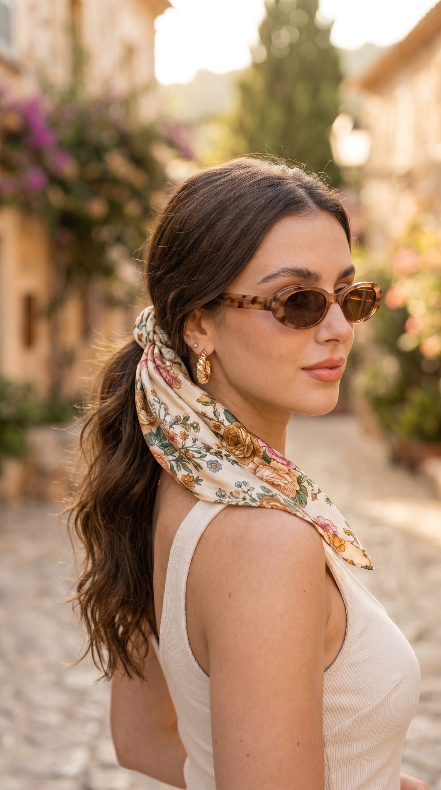 Low ponytail with a bandana wrapped around the hair tie*
