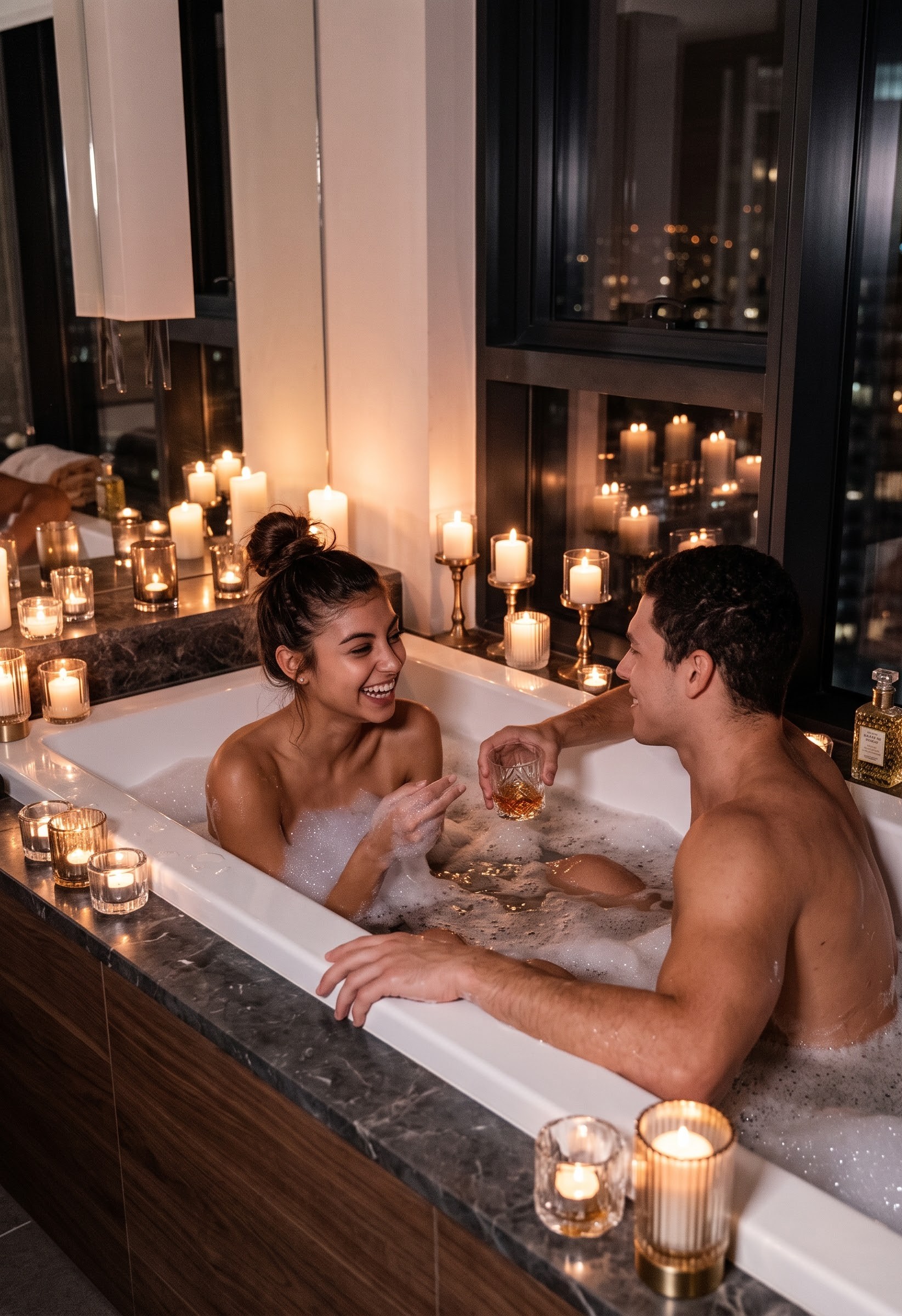 Couple sharing a candlelit bubble bath with a drink, laughing together at night